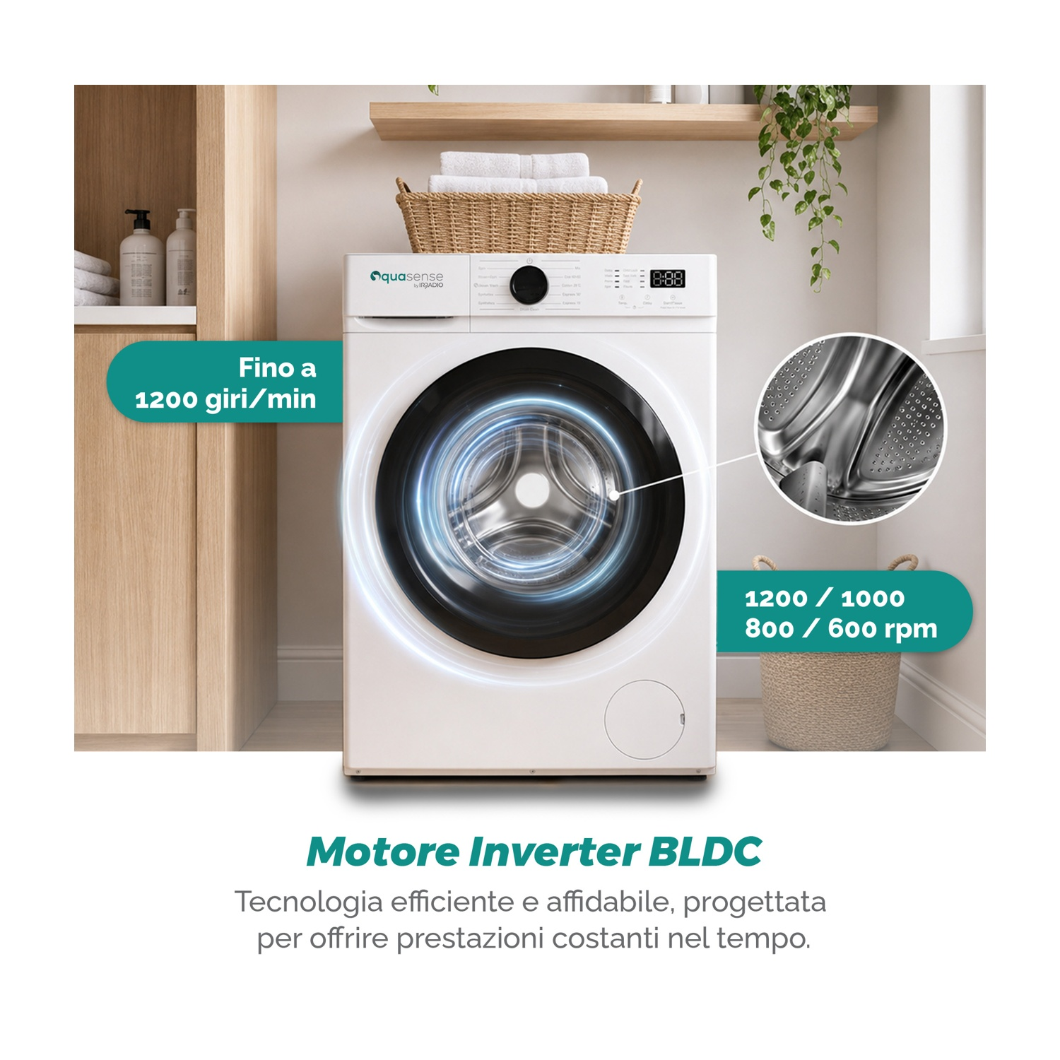 Una lavatrice bianca con motore inverter si trova in un bagno luminoso.