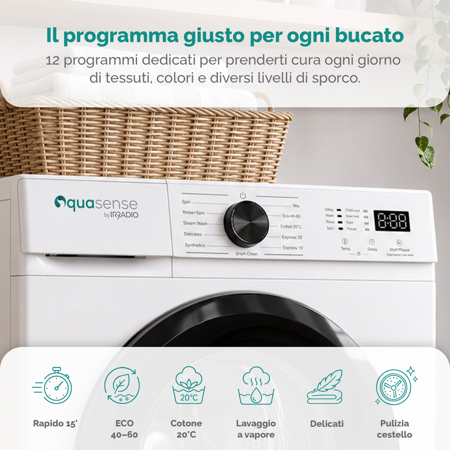 Una lavatrice bianca Quasense con manopola, display digitale e icone di lavaggio.