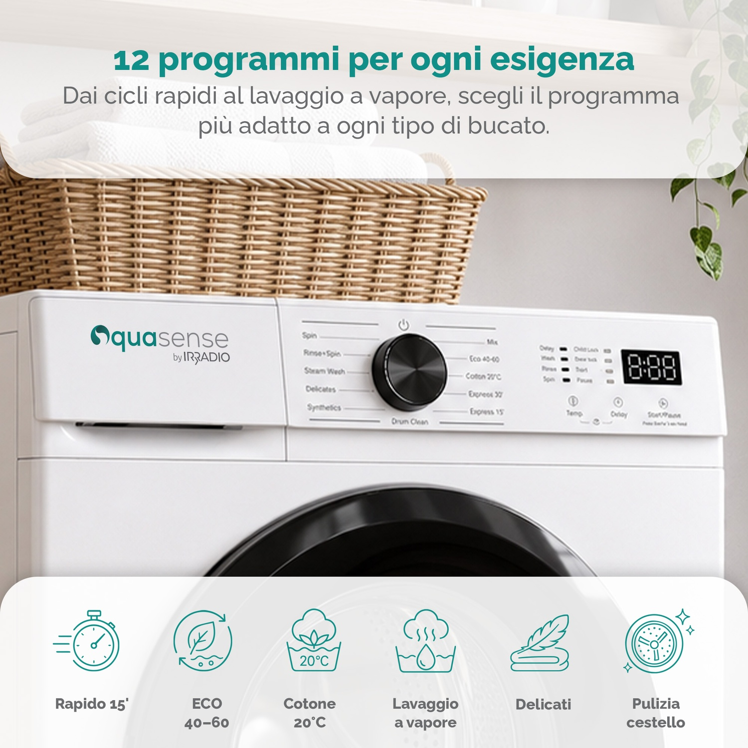 Lavatrice bianca Quasense con manopola nera, display e cestino di asciugamani sopra.