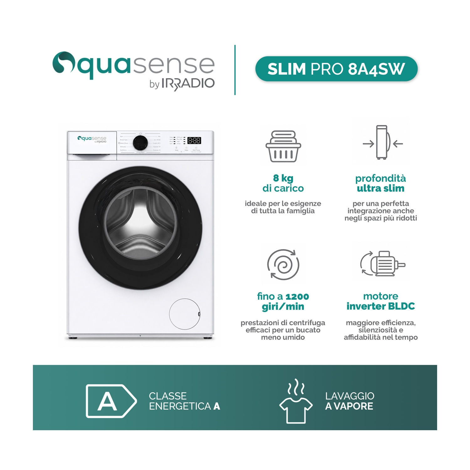 Lavatrice bianca Quasense Slim Pro 8A4SW con icone delle funzioni e classe energetica A.