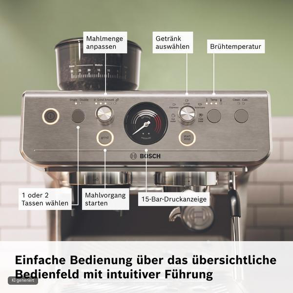 Bedienfeld einer Bosch-Espressomaschine mit beschrifteten Tasten und Druckanzeige.