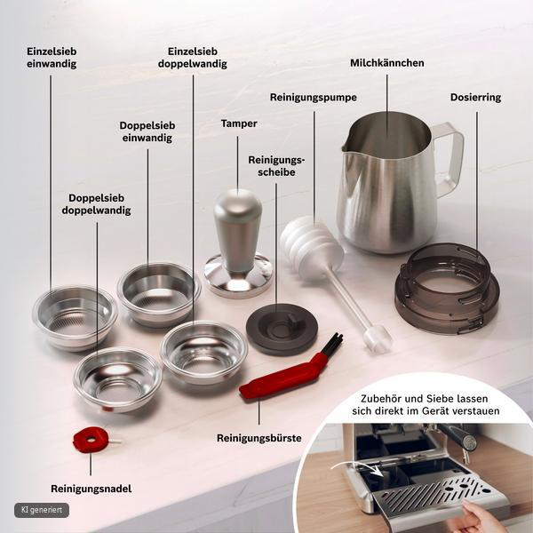 Espressomaschinen-Zubehör wie Siebe, Tamper und Milchkännchen mit deutschen Beschriftungen.