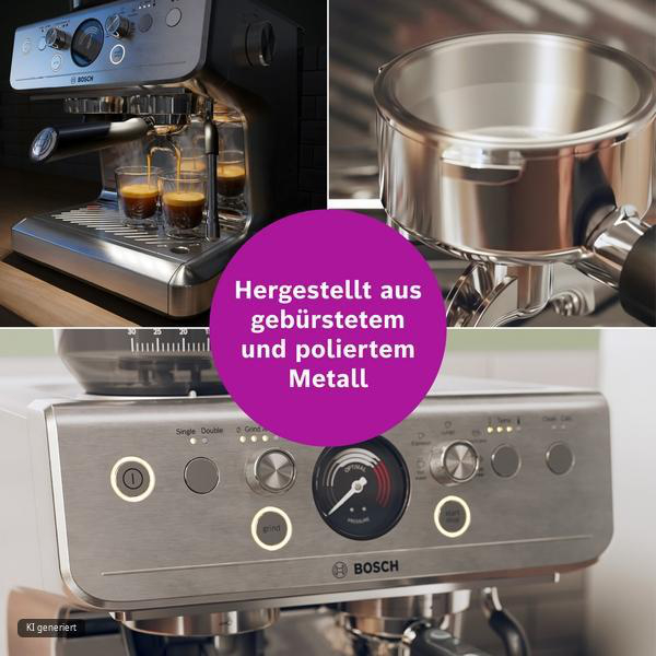 Collage einer Bosch-Espressomaschine aus gebürstetem und poliertem Metall mit Espresso-Auslauf und Tasten.