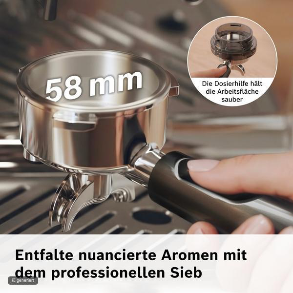 Ein 58 mm großer Espressosiebt-Träger mit Text und einem Dosiervorsatz oben rechts.