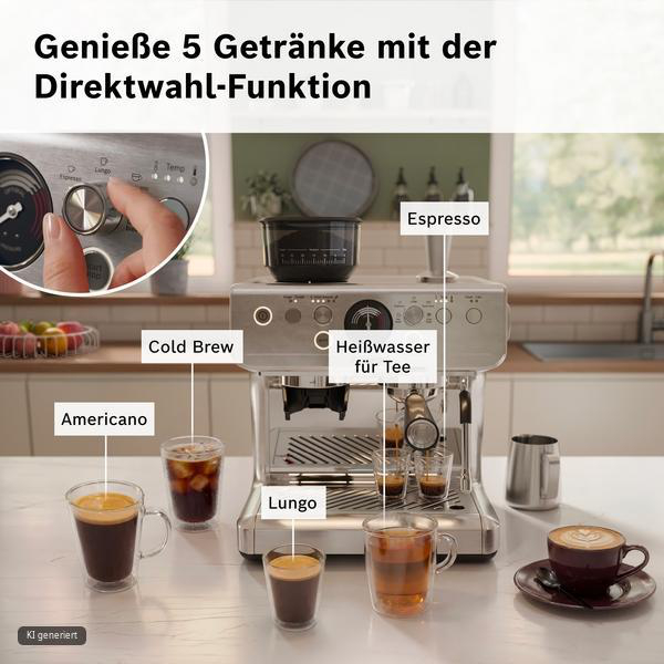 Silberne Espressomaschine mit verschiedenen Getränken wie Espresso, Cold Brew und Lungo auf einer Küchentheke.