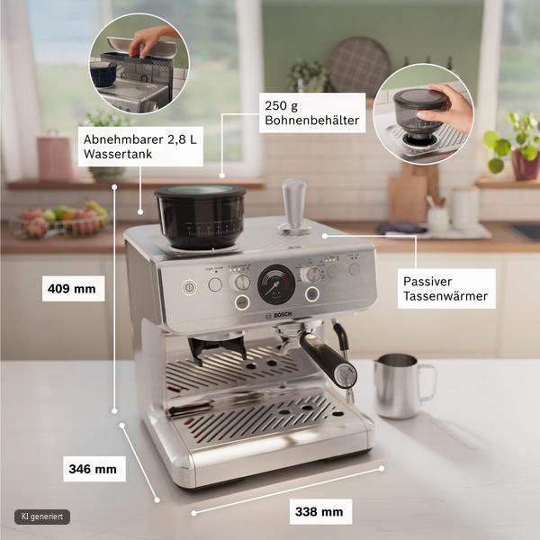 Edelstahl-Espressomaschine mit Bezeichnungen für Wassertank, Bohnenbehälter, Tassenwärmer und Maße in der Küche.