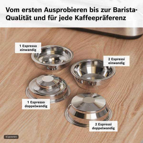 Vier Kaffeefilter-Siebe auf Holzoberfläche mit deutschen Beschriftungen.