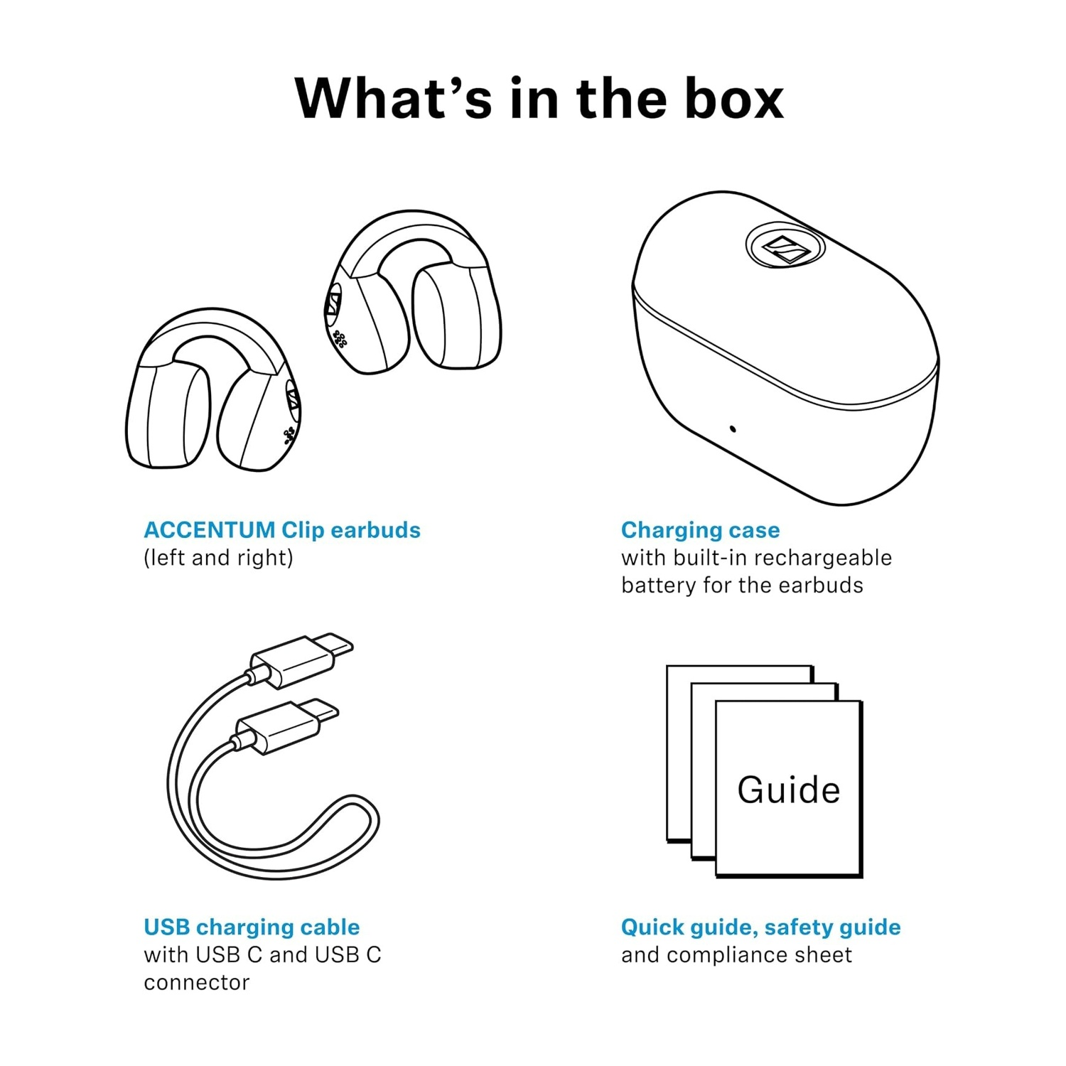 Diagramma del contenuto: auricolari a clip, custodia di ricarica, cavo USB-C e guide.