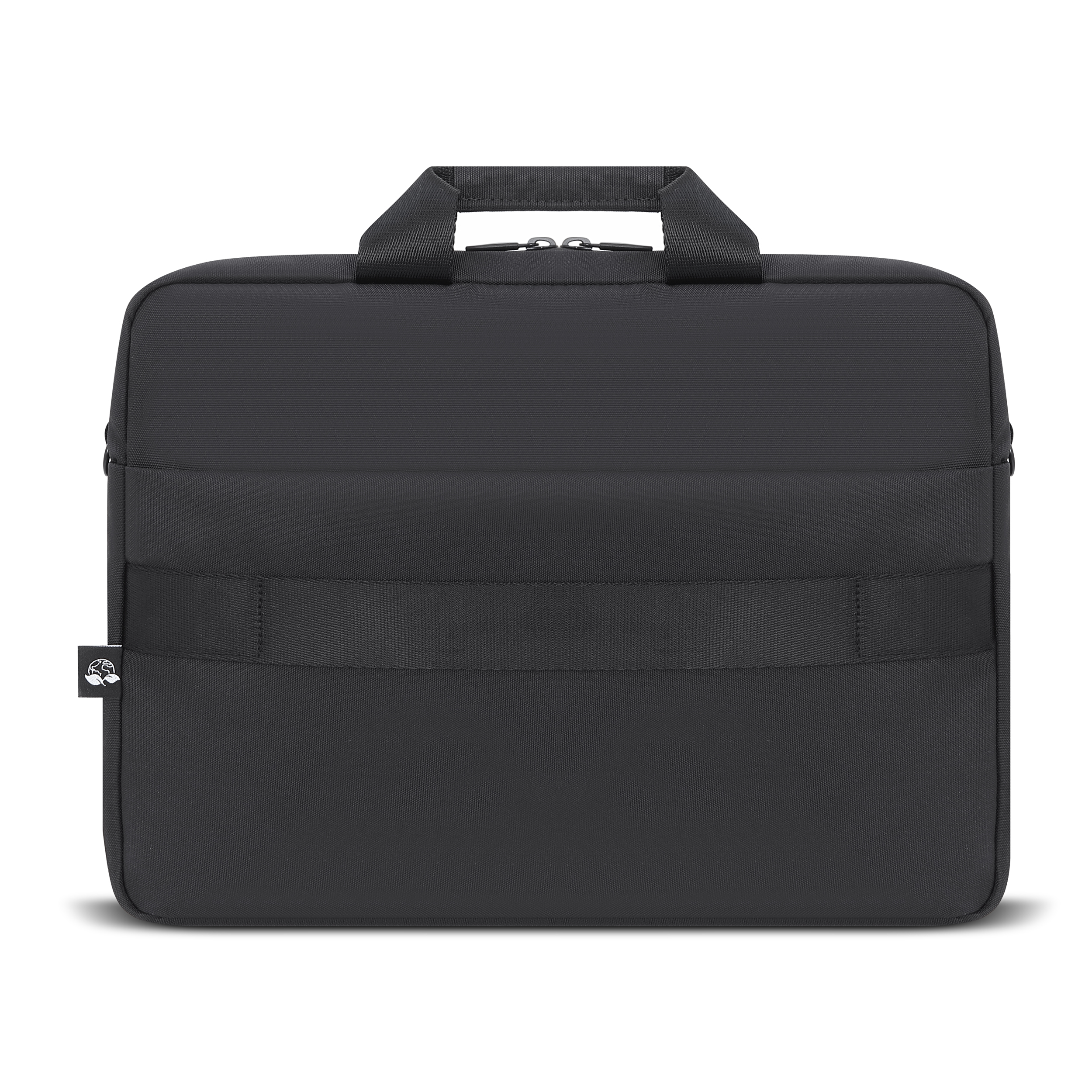 Taşıma saplı ve yanda küçük bir logo etiketine sahip siyah laptop çantası.
