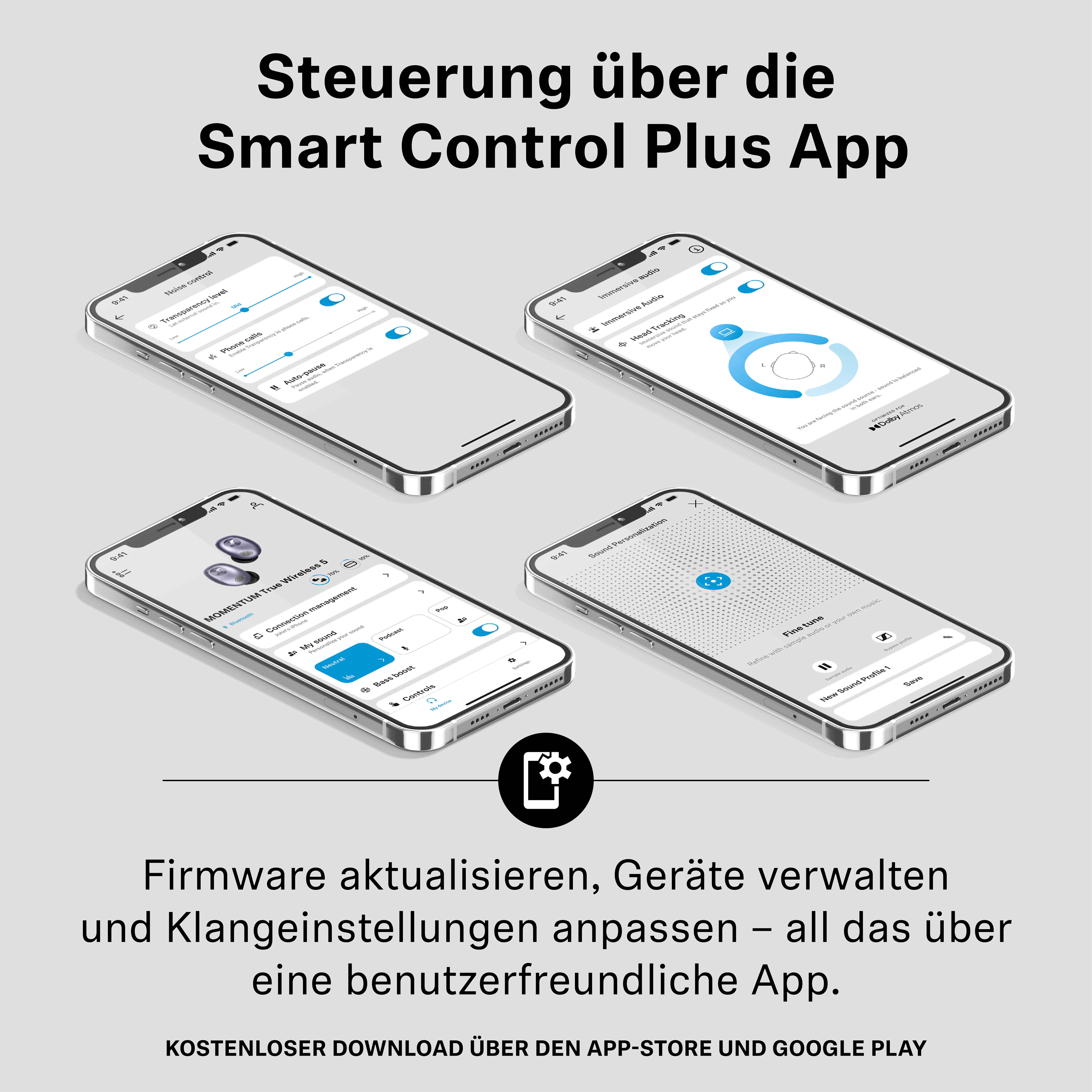 Vier Smartphones zeigen verschiedene App-Bildschirme zur Steuerung von Kopfhörern und Klangeinstellungen.