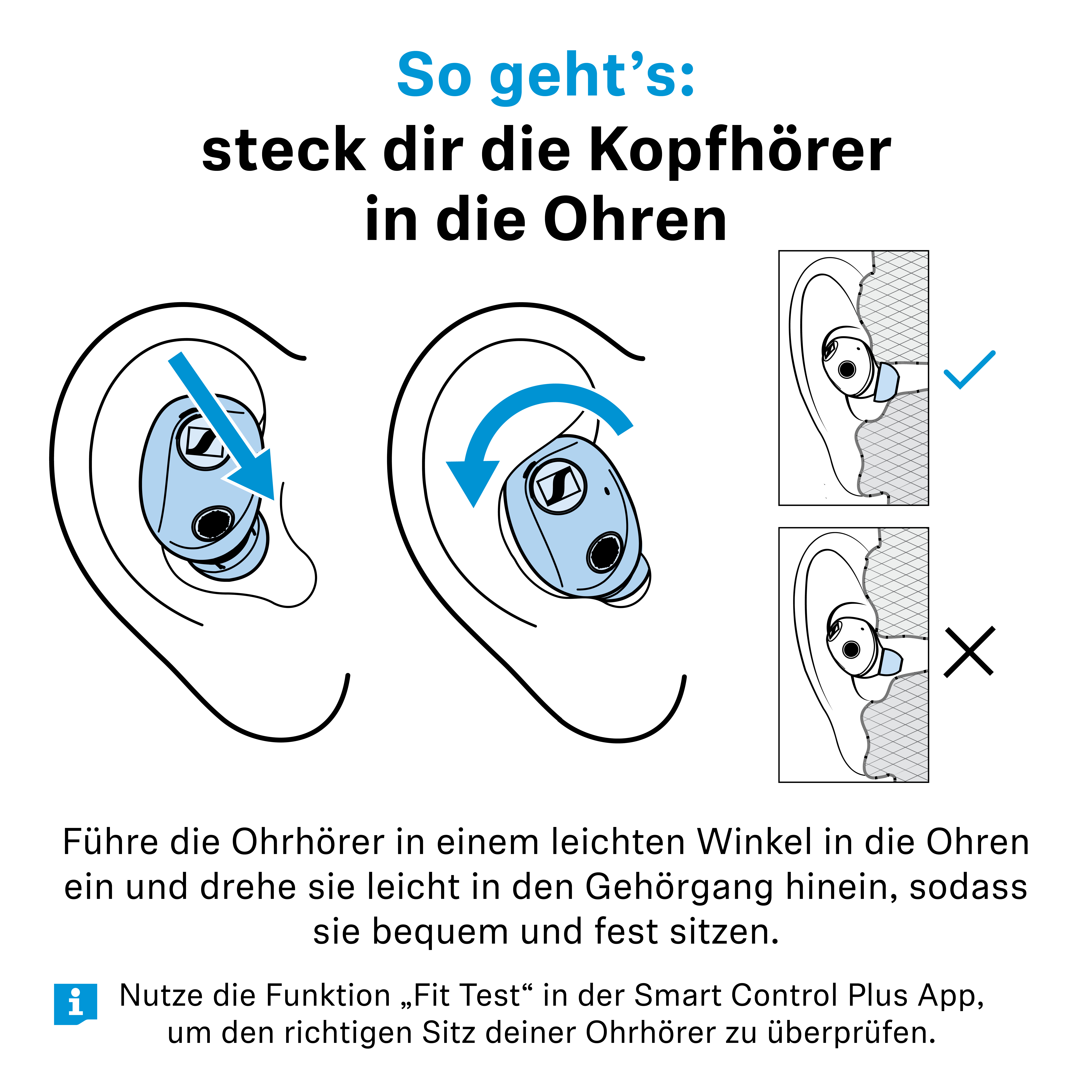Anleitung zum Einsetzen von Ohrhörern mit Grafiken, Texten und Erklärungen auf Deutsch.