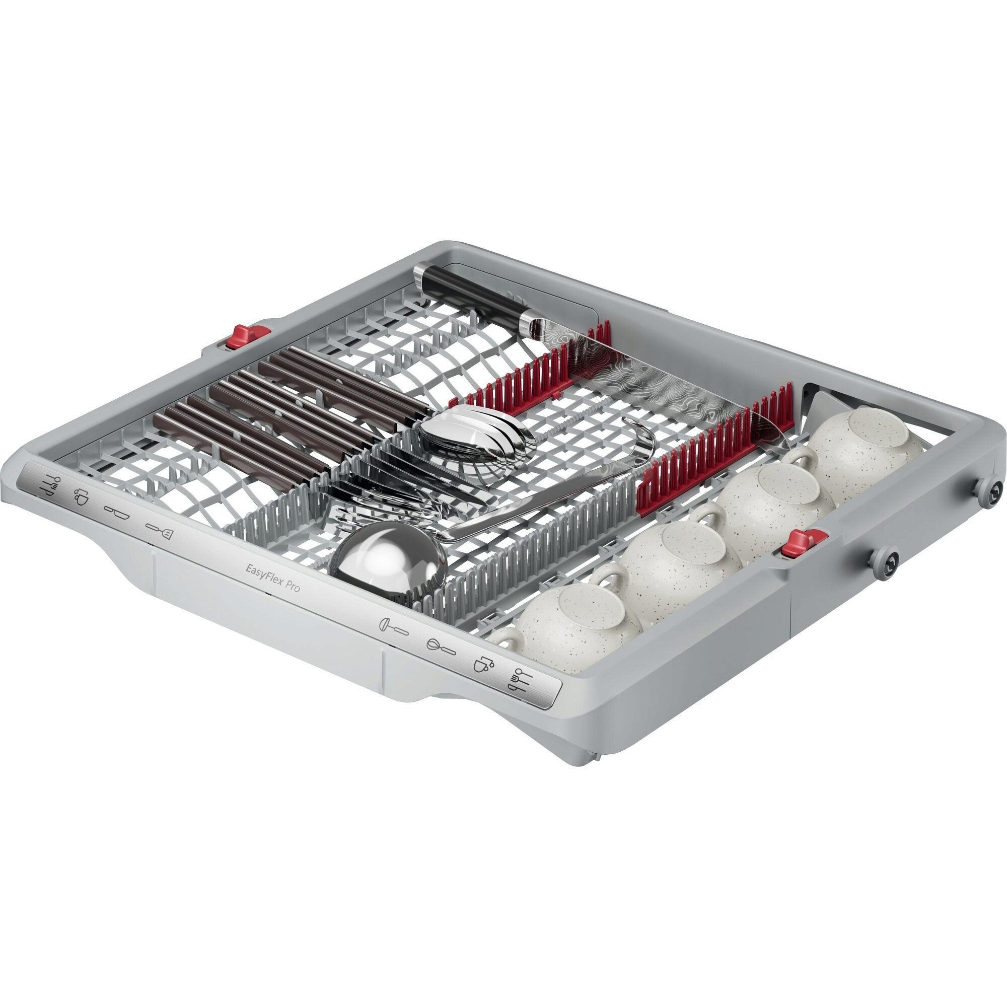 Grauer Besteckkorb für die Spülmaschine mit Besteck, Utensilien und kleinen Tassen auf weißem Hintergrund.