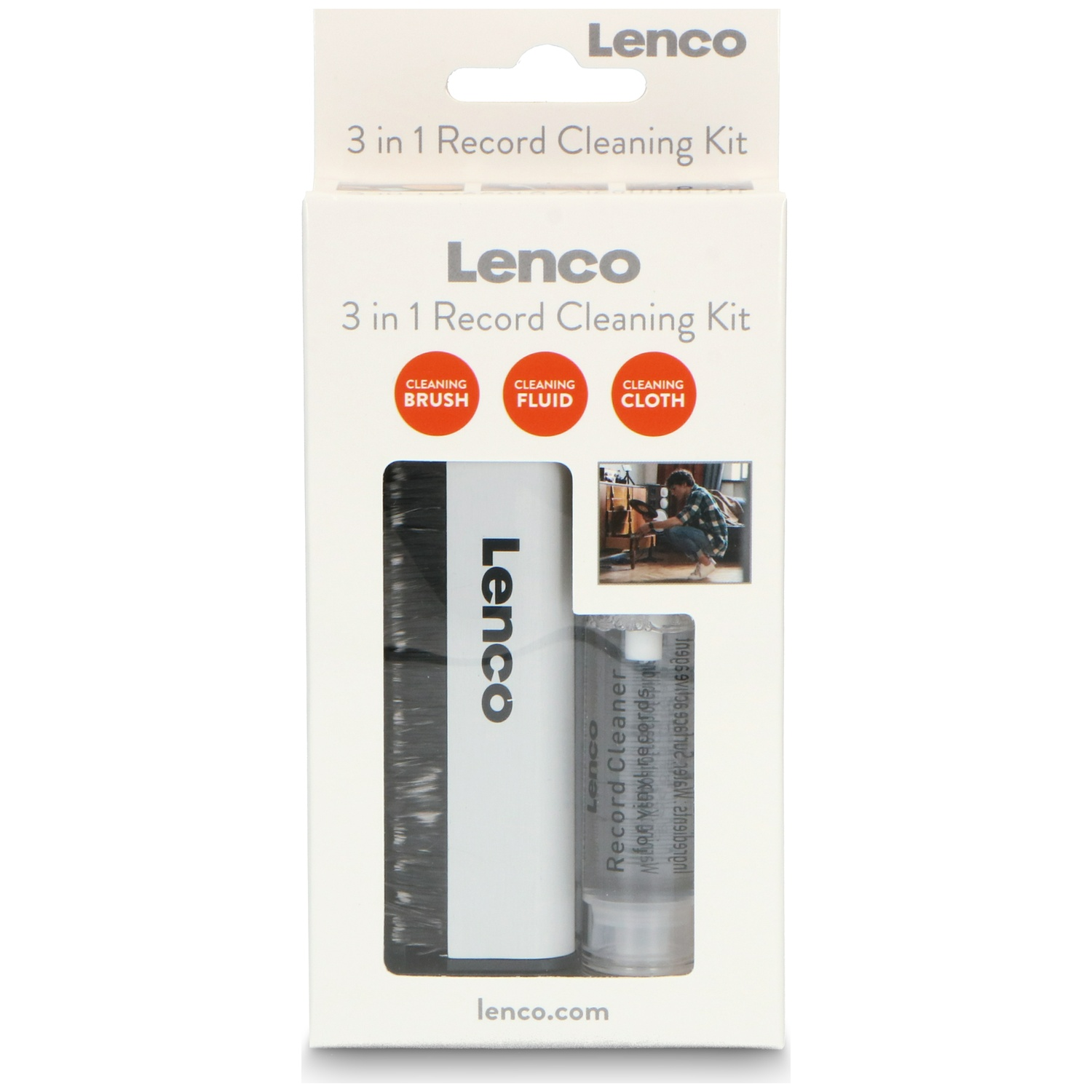 Lenco 3-in-1 platenreinigingsset in witte verpakking met borstel en vloeistof.