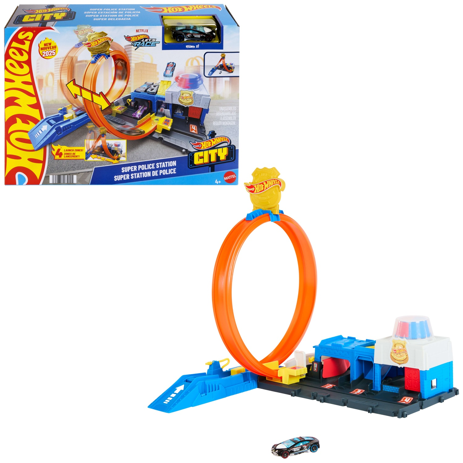 Hot Wheels Super Police Station playset featuring a large orange loop ramp, blue police station, and one car.