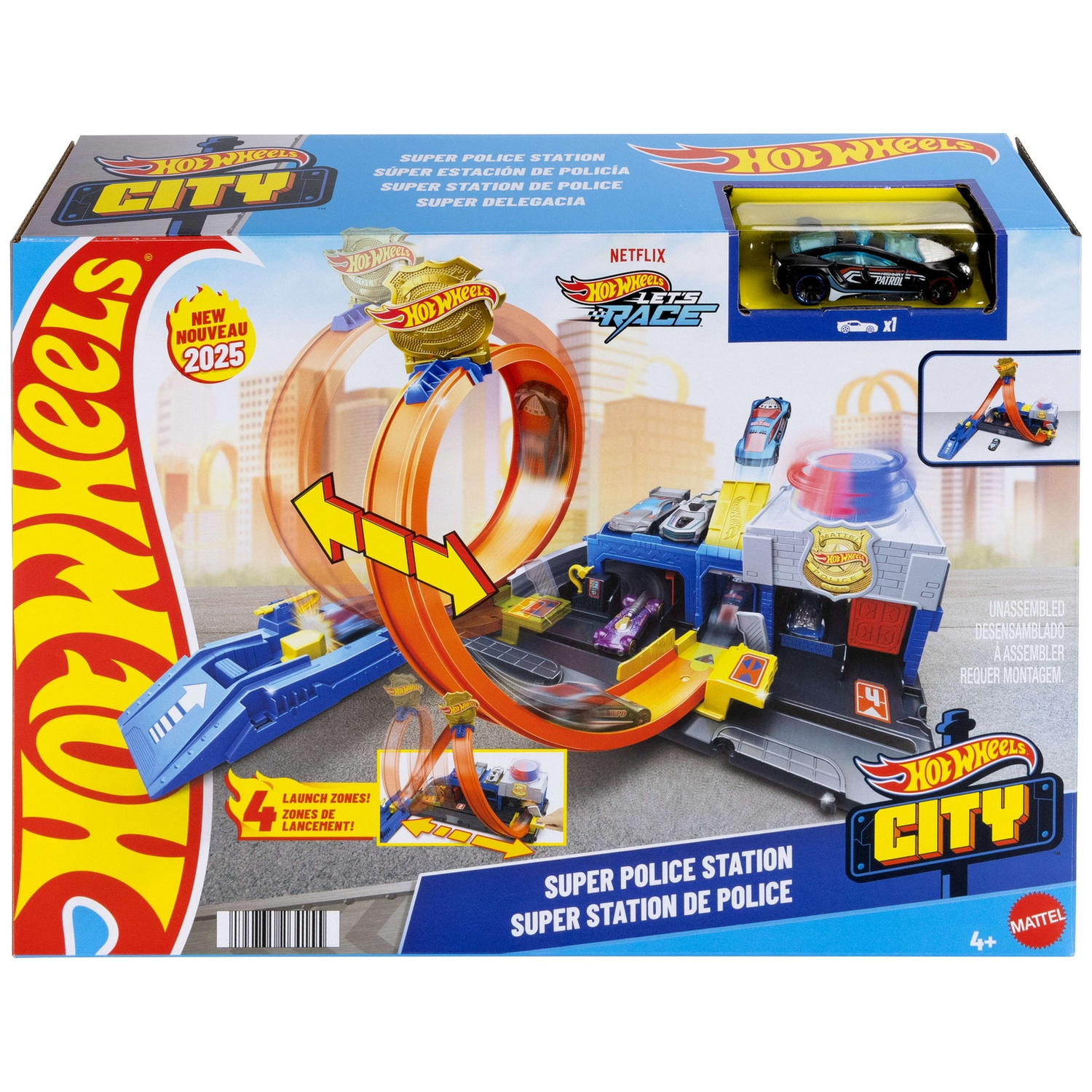 Hot Wheels City police station toy playset in box with cars and loop.