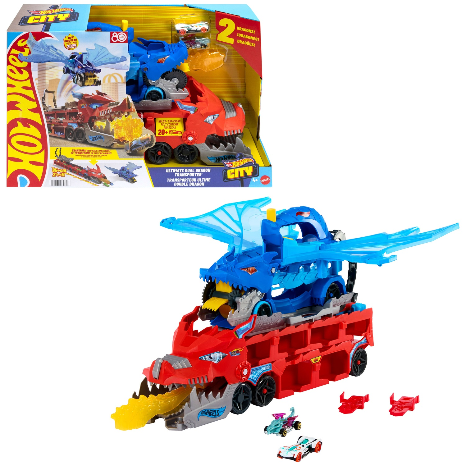Hot Wheels Ultimate Dual Dragon Transporter toy set with red and blue dragon trucks and two small cars.