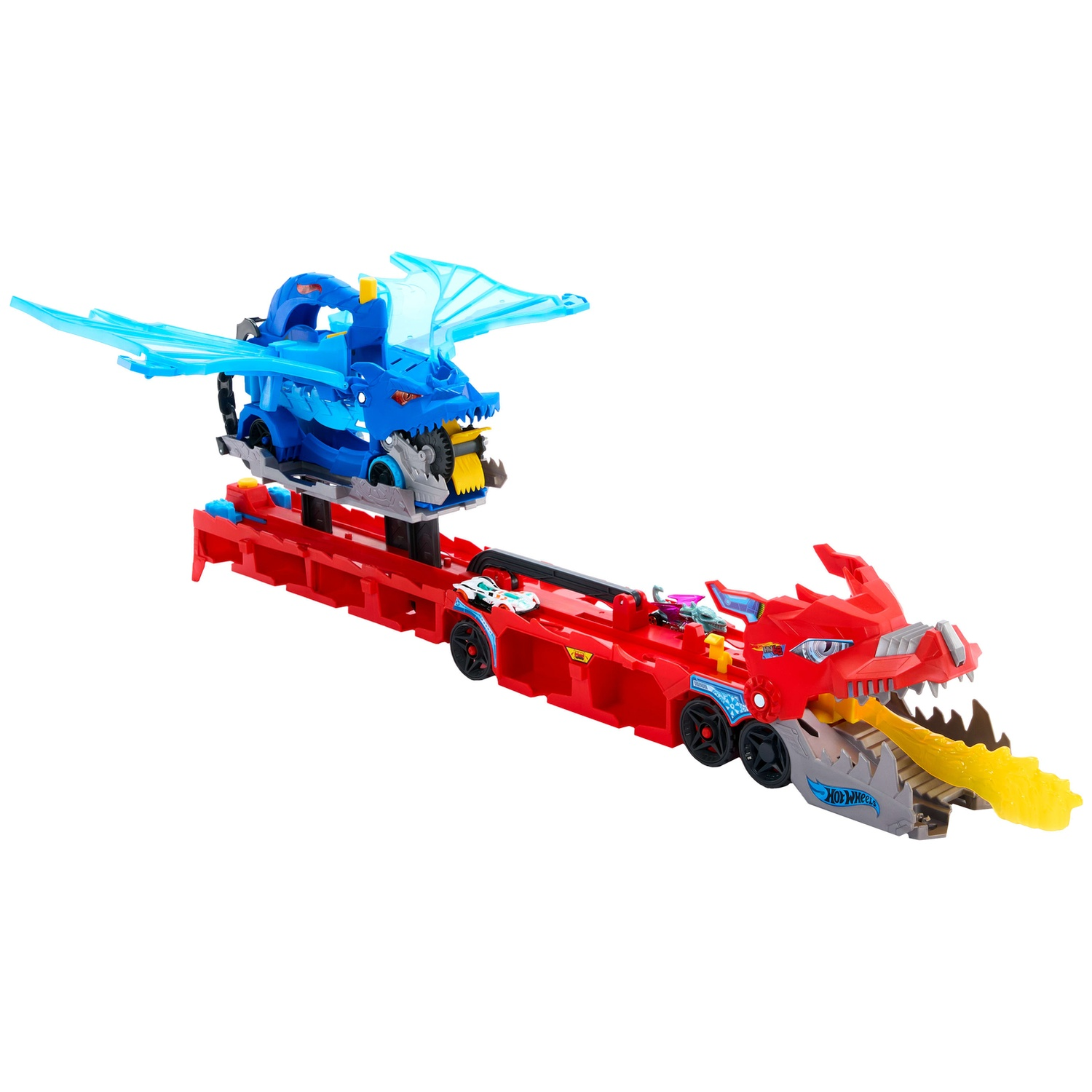 A red and blue dragon-themed Hot Wheels track set with toy cars on a white background.