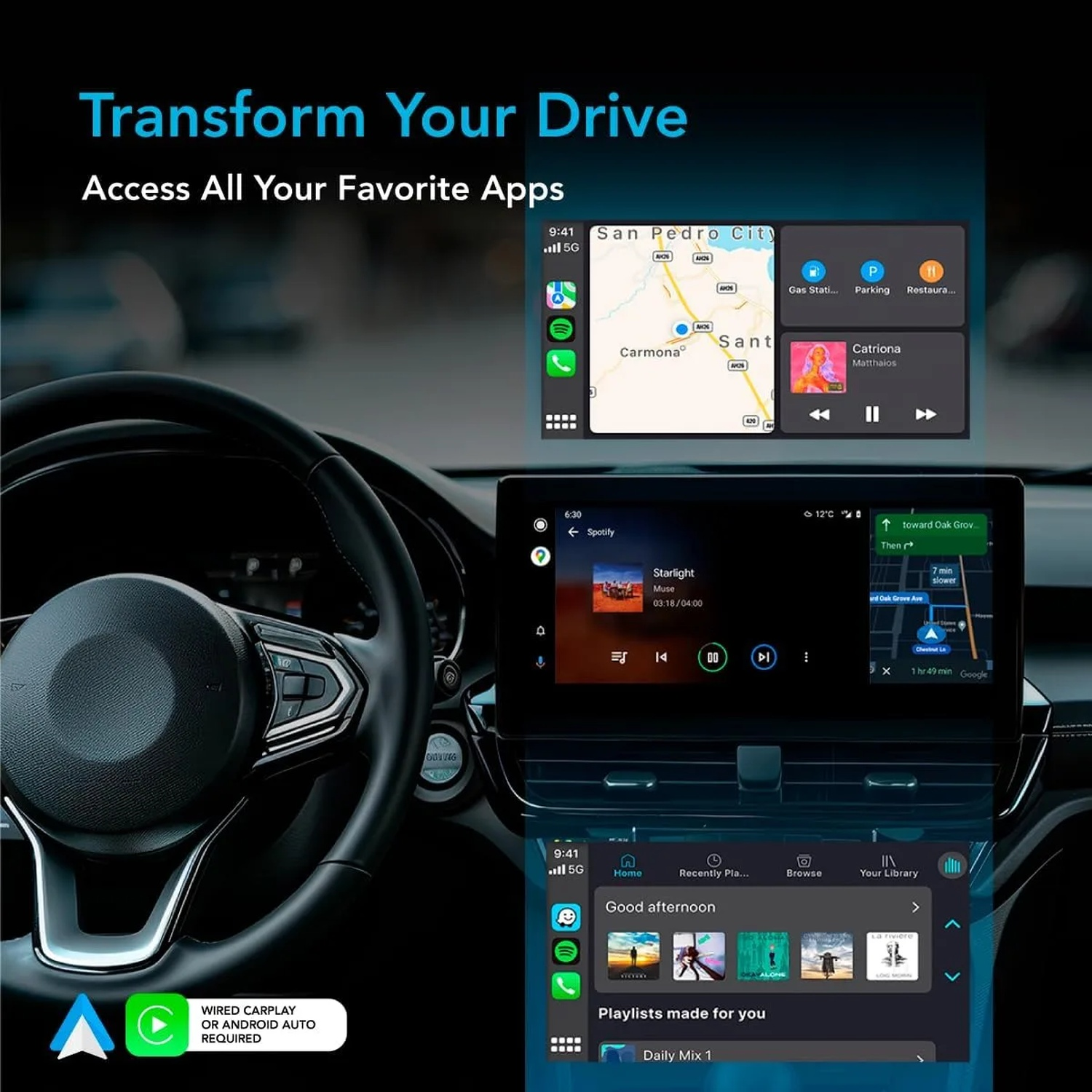 Un tableau de bord de voiture avec volant et écran numérique affichant cartes et applications.