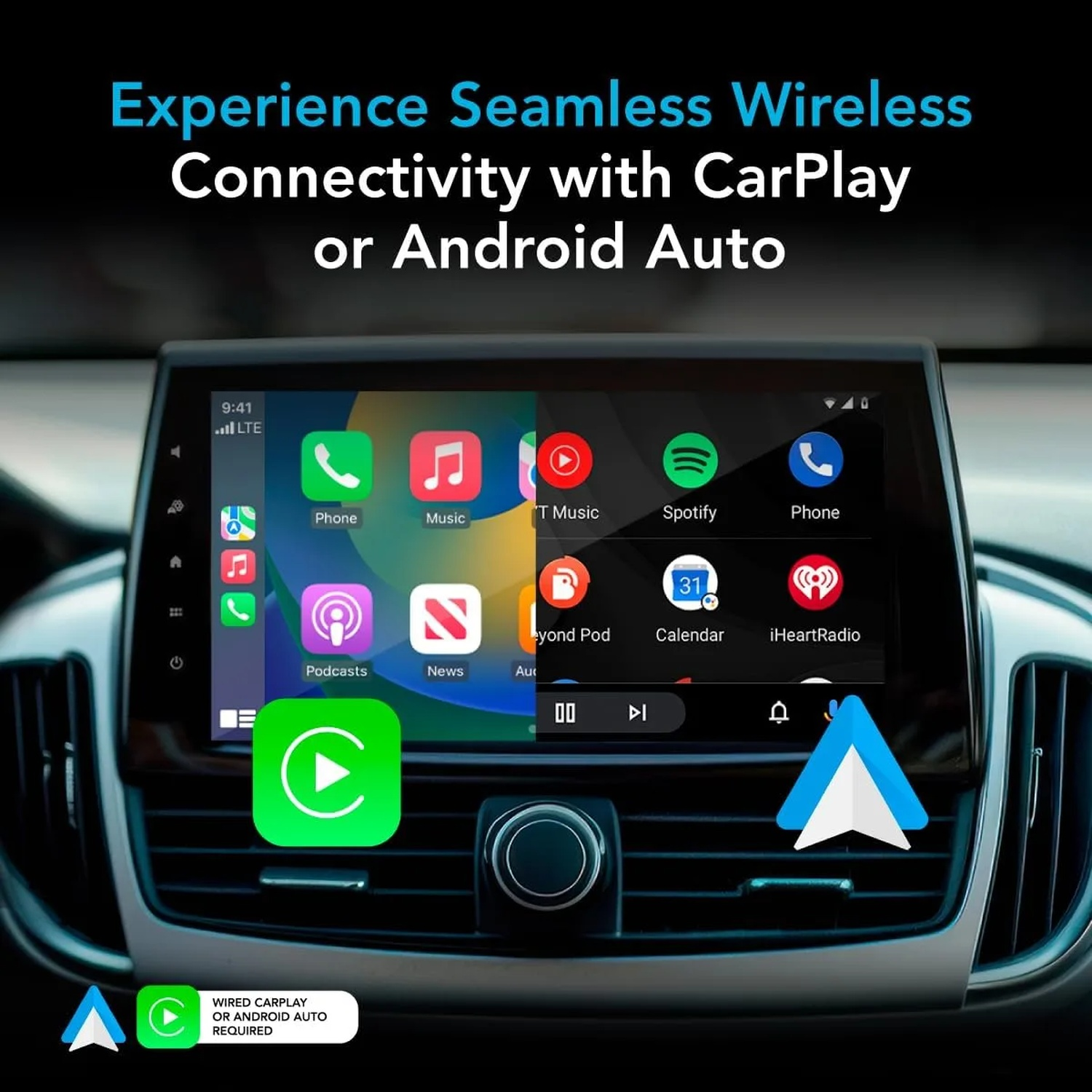Un écran d'infodivertissement automobile affichant les interfaces CarPlay et Android Auto.