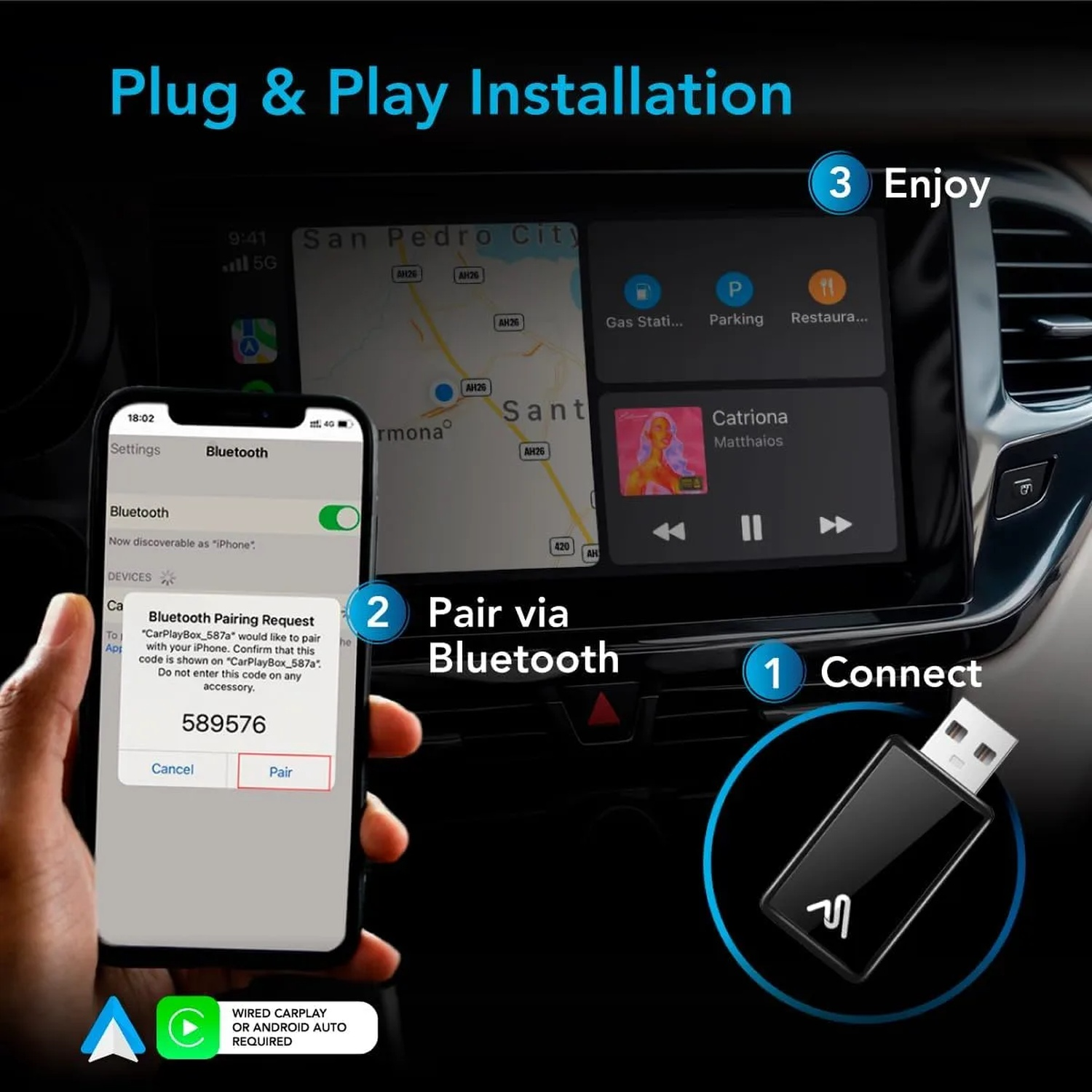 Guide d'installation avec adaptateur USB, couplage Bluetooth sur smartphone et écran de voiture.