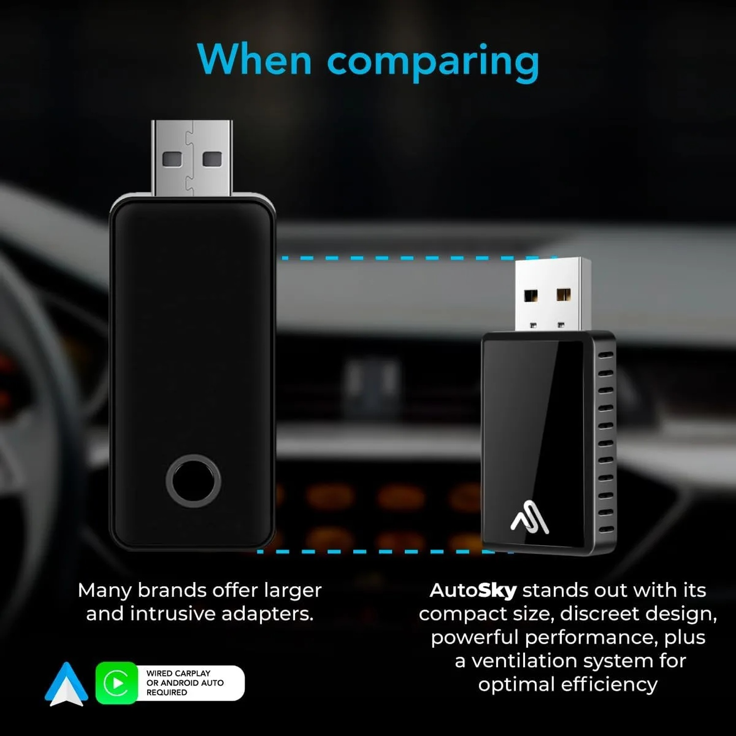 Comparaison d'un grand adaptateur générique et d'un adaptateur sans fil USB AutoSky compact dans une voiture.