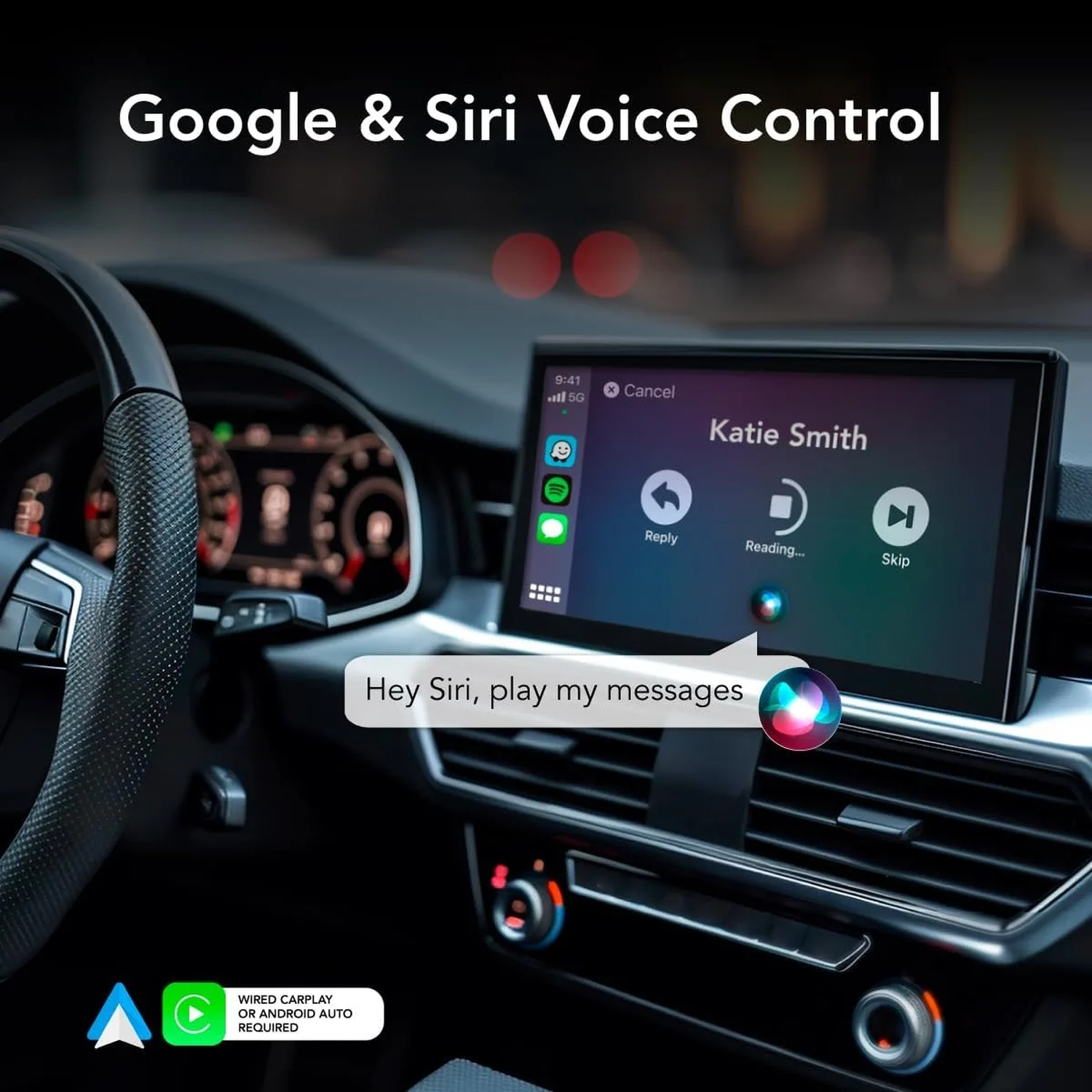 Intérieur de voiture avec écran CarPlay et bulle de texte "Hey Siri, play my messages".