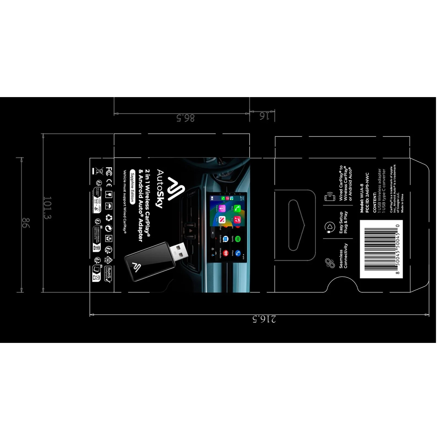 Design plat d'un emballage de produit avec dimensions, code-barres et informations.