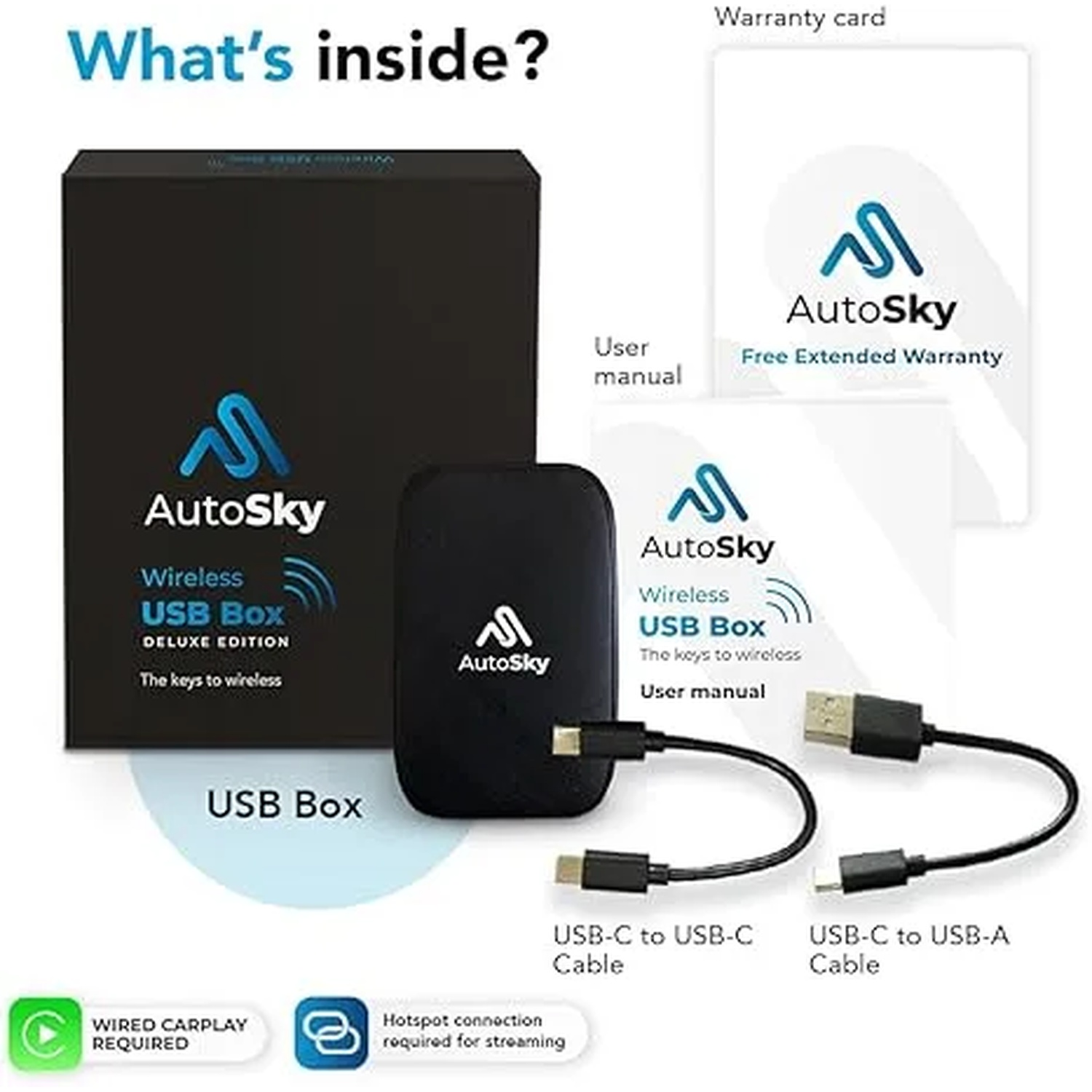 AutoSky Draadloze USB Box inhoud inclusief doos, apparaat, twee kabels, handleiding en garantiekaart.