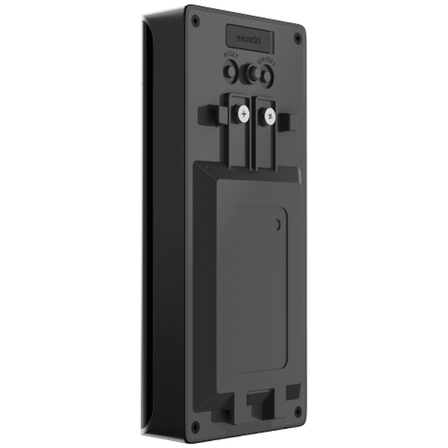Dos d'un appareil noir avec fente microSD, boutons de réinitialisation et d'alimentation, et deux vis au centre.