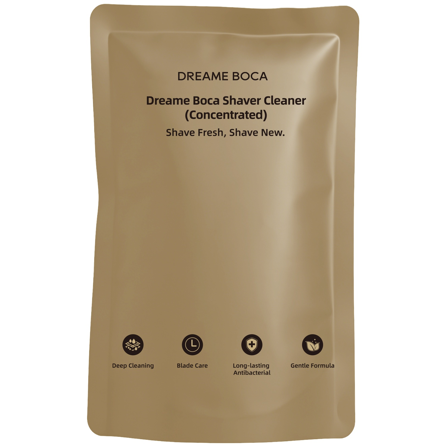 Sachet brun doré de nettoyant pour rasoir avec texte et quatre icônes.