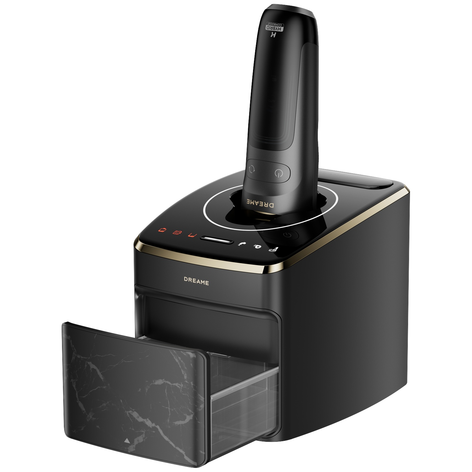 Station de charge Dreame noire avec rasoir et tiroir ouvert.