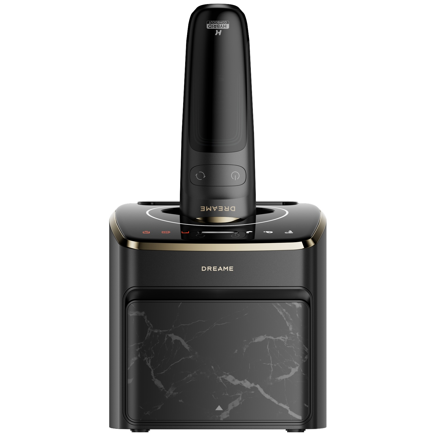 Un rasoir Dreame noir sur sa base de charge avec motif marbre sur fond noir.