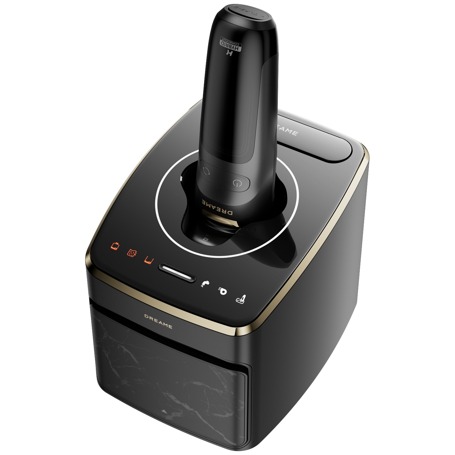 Rasoir électrique Dreame noir posé verticalement dans sa base de charge noire et dorée sur fond blanc.