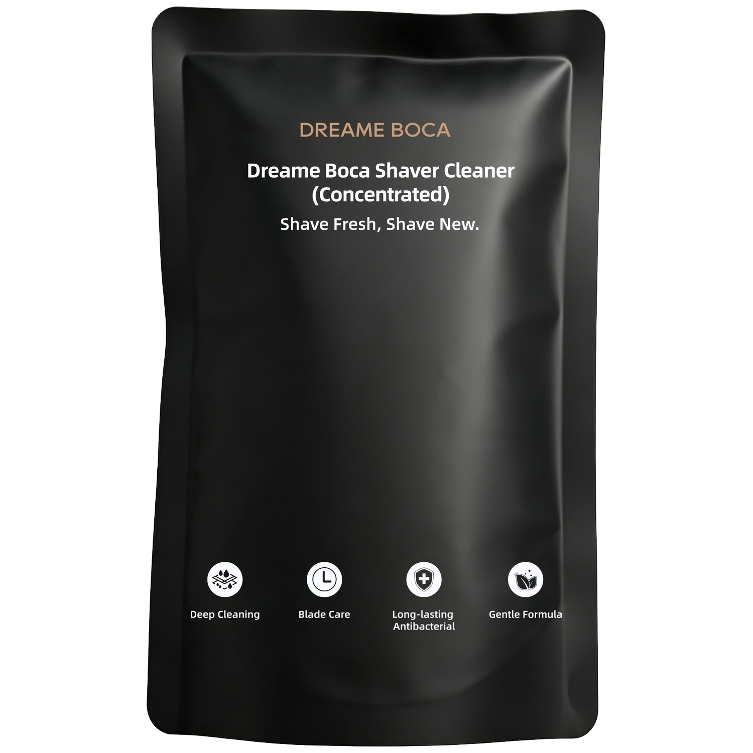 Un sachet noir de nettoyant pour rasoir Dreame Boca avec texte blanc et doré et quatre icônes.