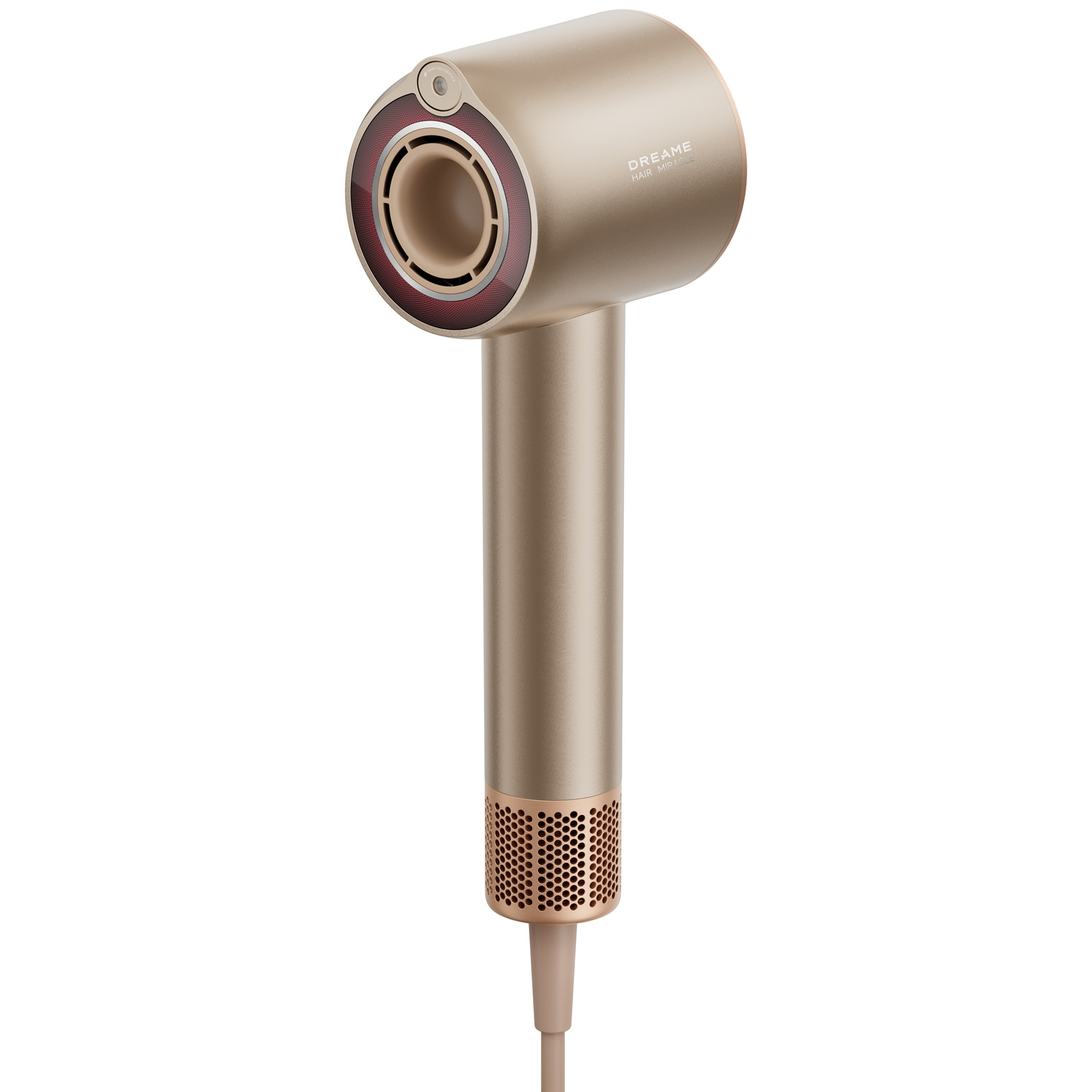 Séche-cheveux doré moderne avec tête cylindrique, anneau rouge autour de la buse et grille à la base.