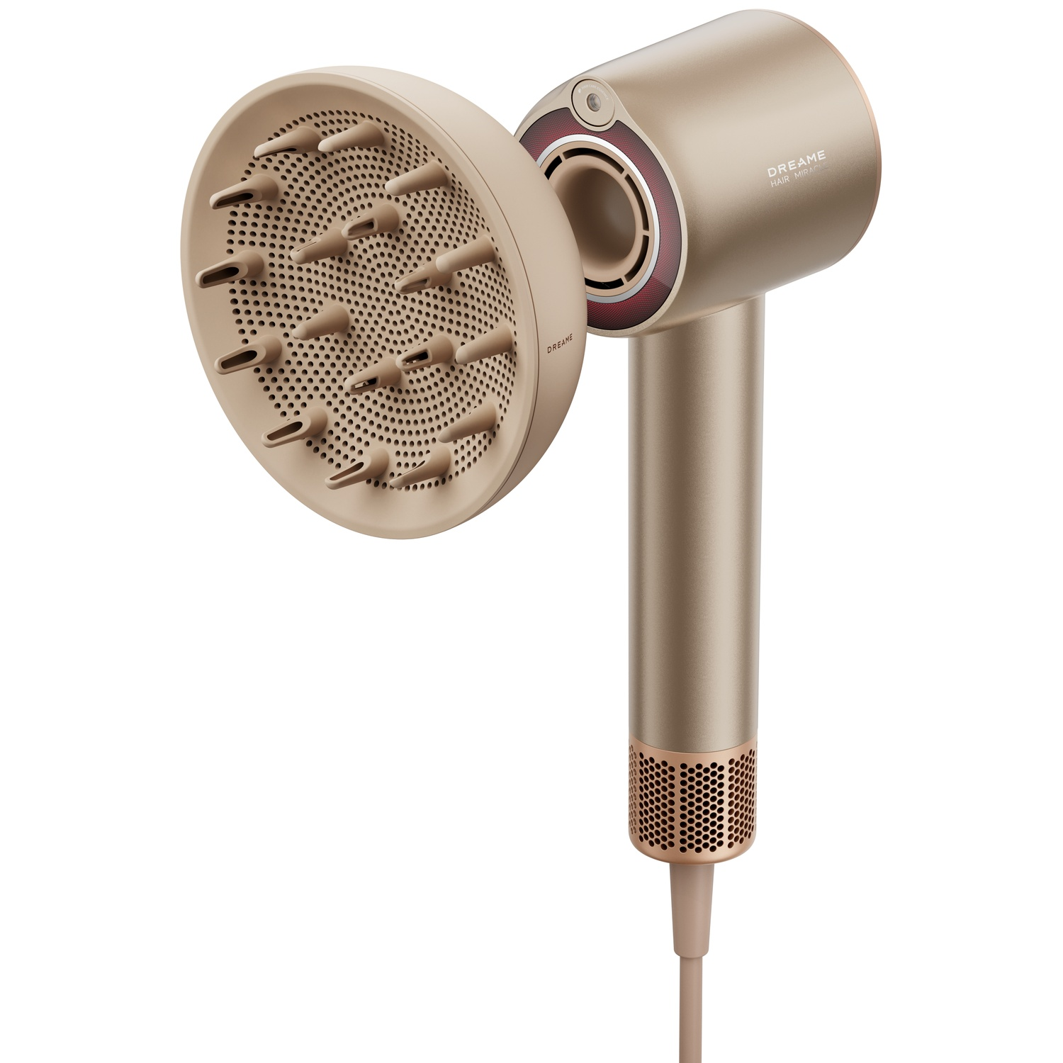Sèche-cheveux beige et or rose avec un embout diffuseur sur fond blanc.
