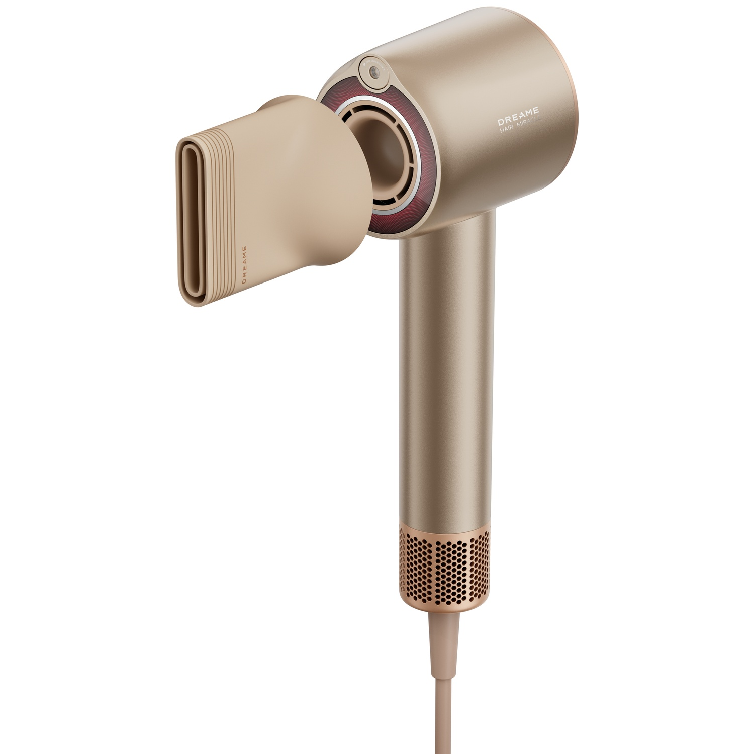 Sèche-cheveux beige avec concentrateur magnétique et anneau rouge lumineux sur fond blanc.