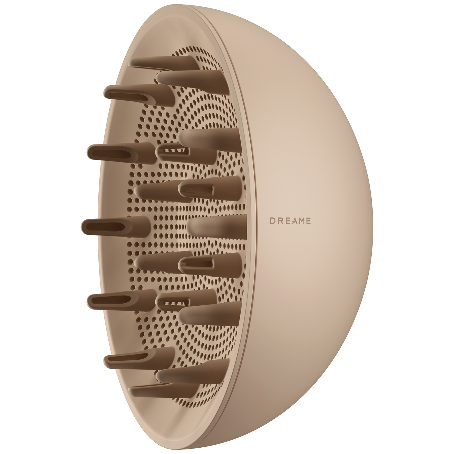 Diffuseur de sèche-cheveux beige avec des picots marron et le logo Dreame sur son dos arrondi.