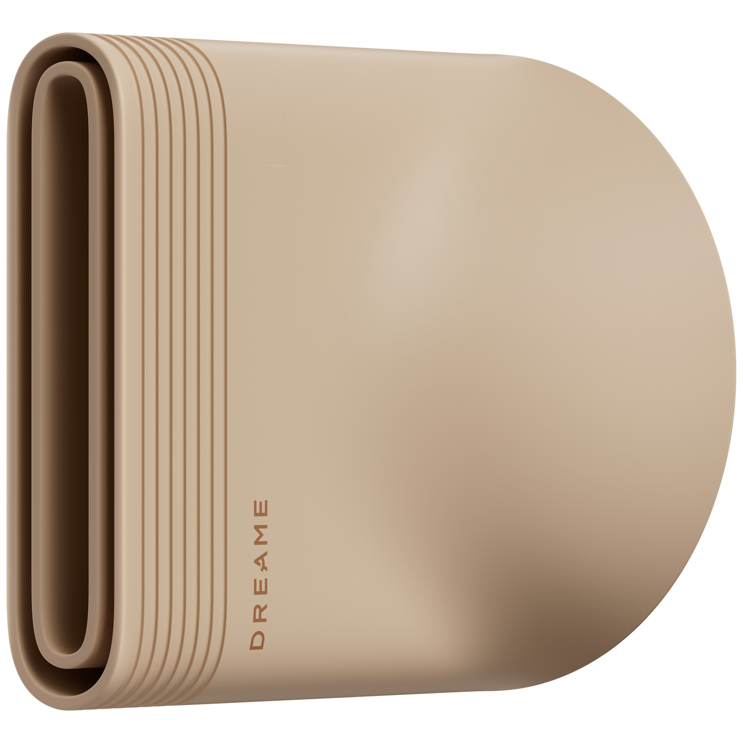 Un embout de sèche-cheveux oblong beige avec des bords rainurés et le logo Dreame sur un fond blanc uni.