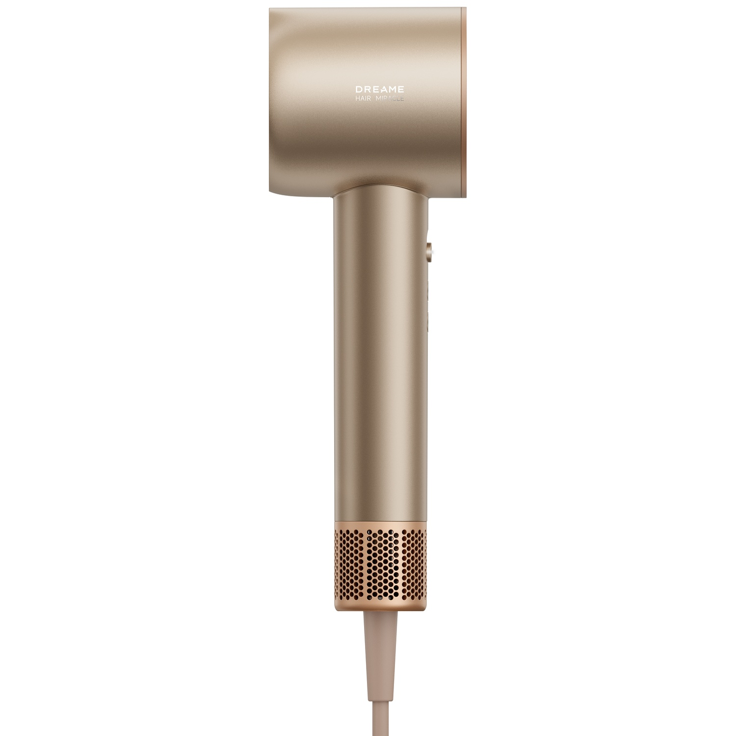 Un séchoir à cheveux Dreame doré moderne avec un corps cylindrique et une base perforée sur fond blanc.