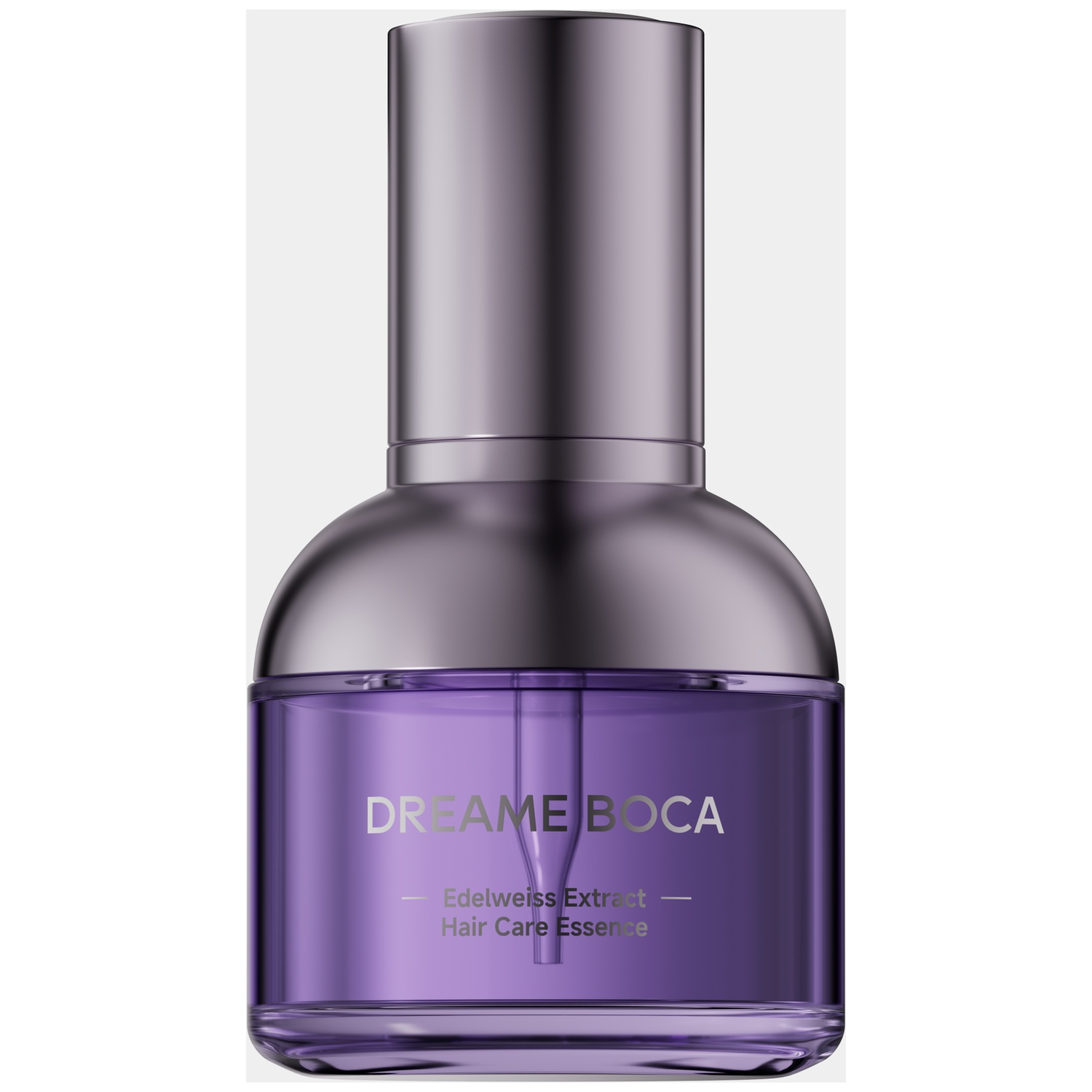 Un flacon en verre violet d'essence capillaire Dreame Boca avec un bouchon métallique sur fond blanc.
