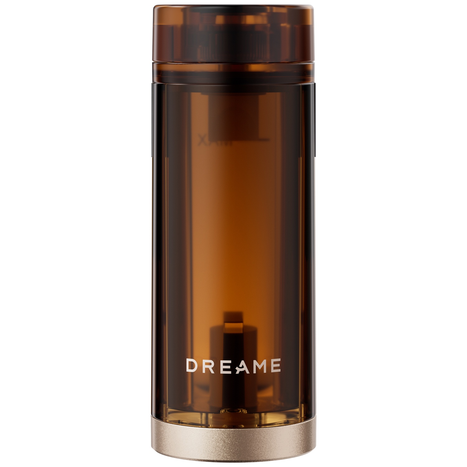 Une bouteille d'eau cylindrique transparente marron avec la marque "DREAME" en majuscules blanches.