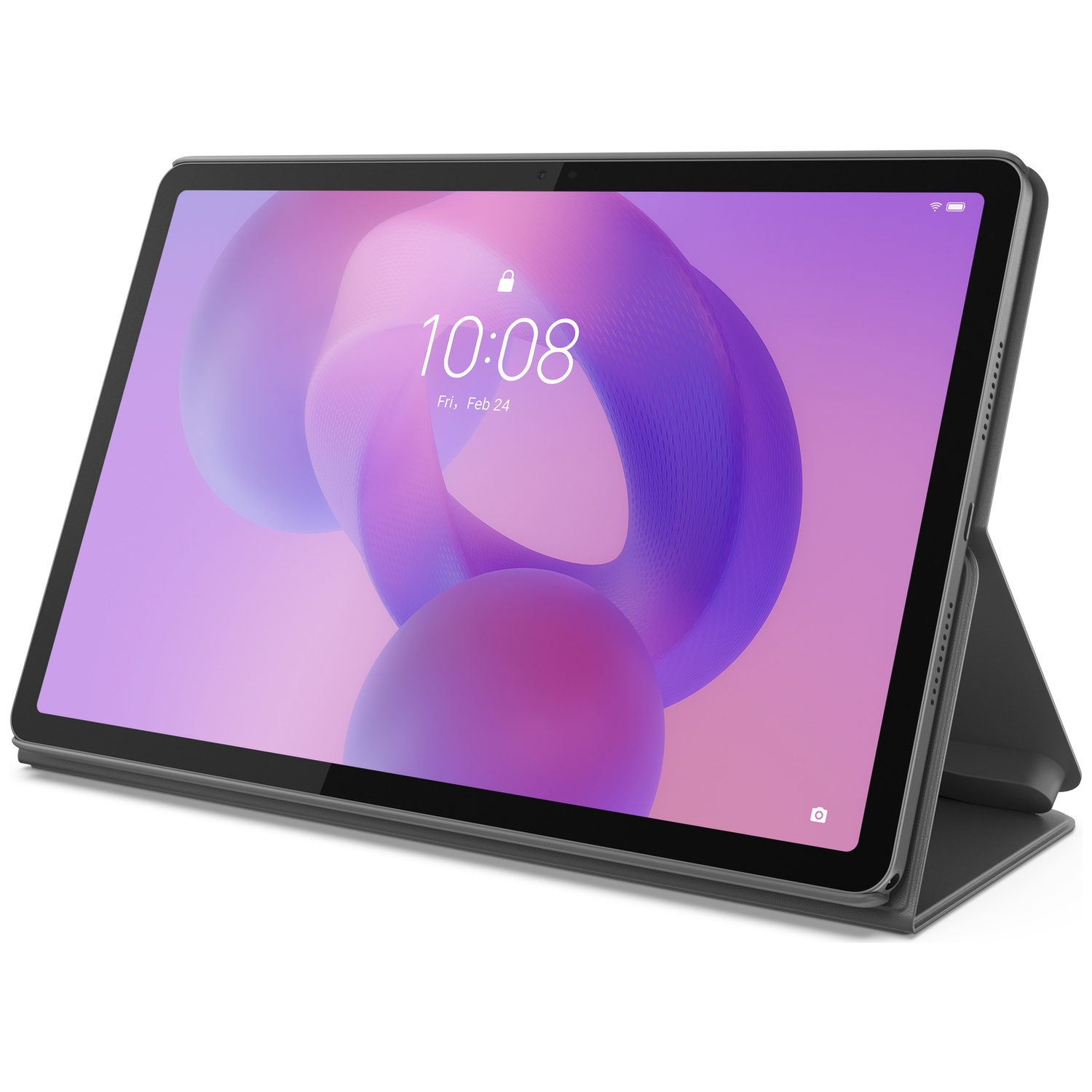 Une tablette grise avec fond violet affichant 10:08 est posée verticalement dans un étui gris.