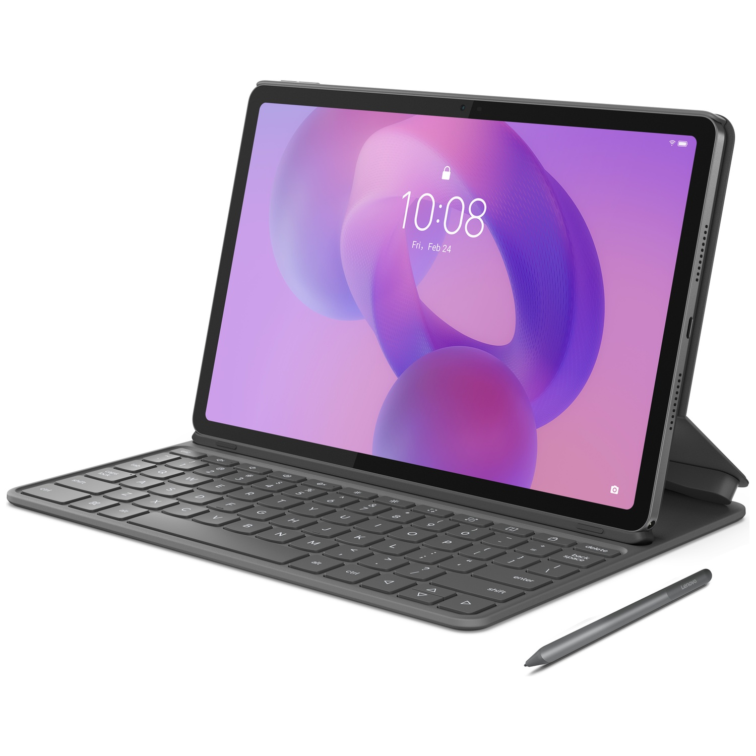 Une tablette grise avec support, clavier et stylet sur fond blanc.