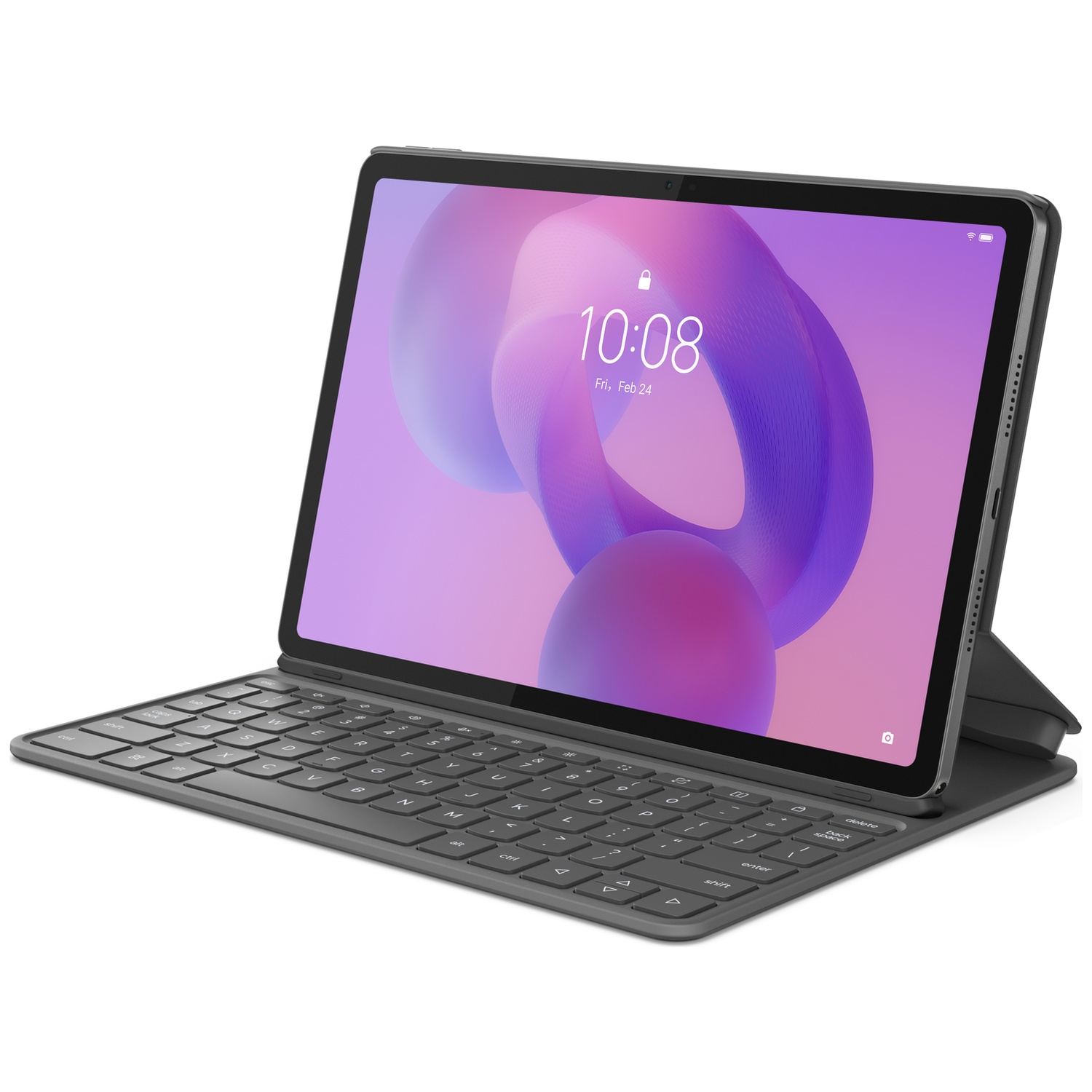 Une tablette grise avec clavier attaché et fond abstrait violet à l'écran.
