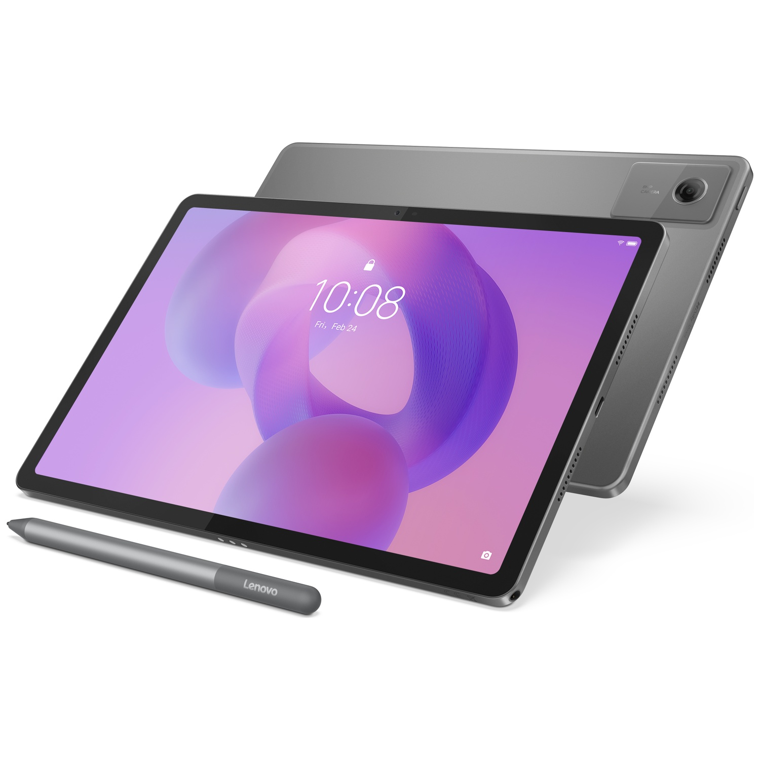Une tablette Lenovo grise avec écran violet abstrait et un stylet.