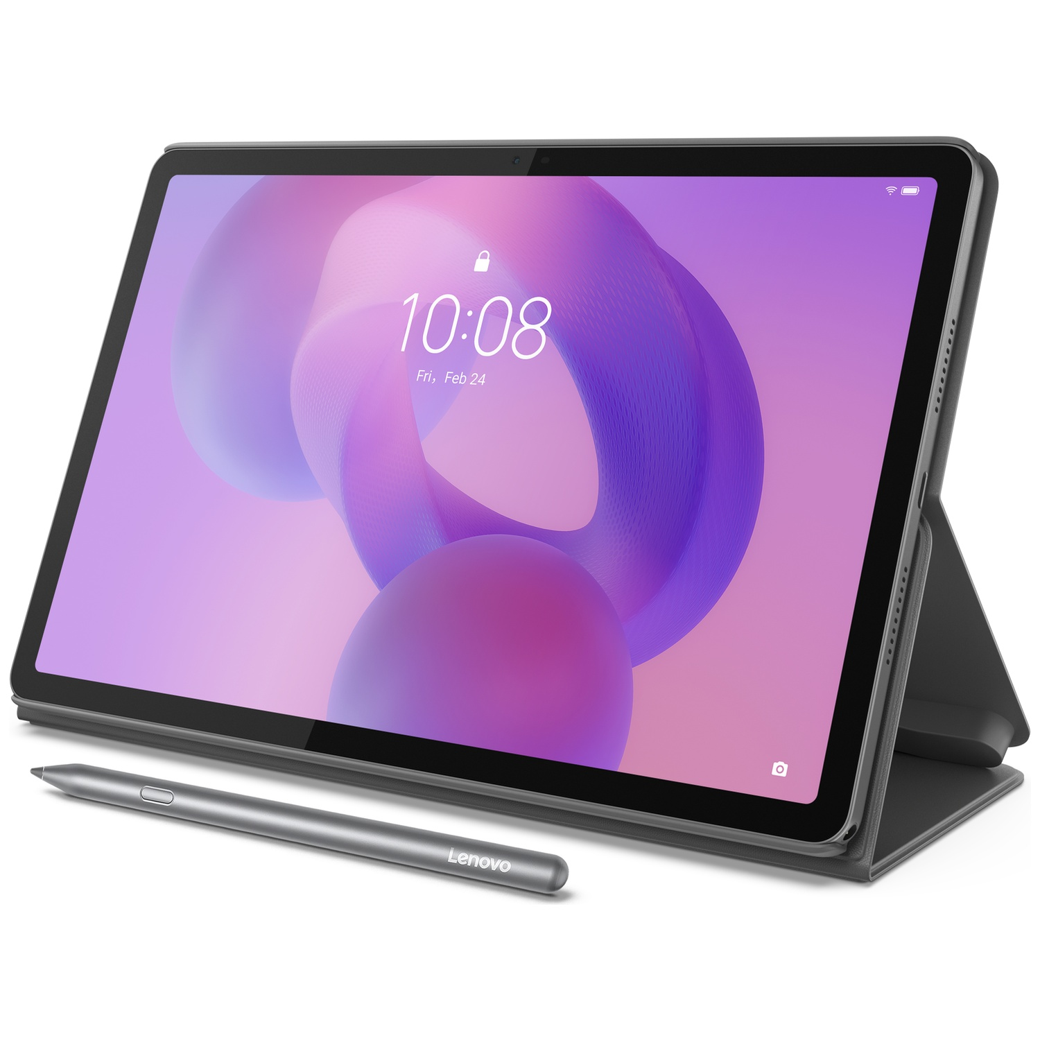 Une tablette grise avec étui support, fond abstrait violet et stylet Lenovo à l'avant.