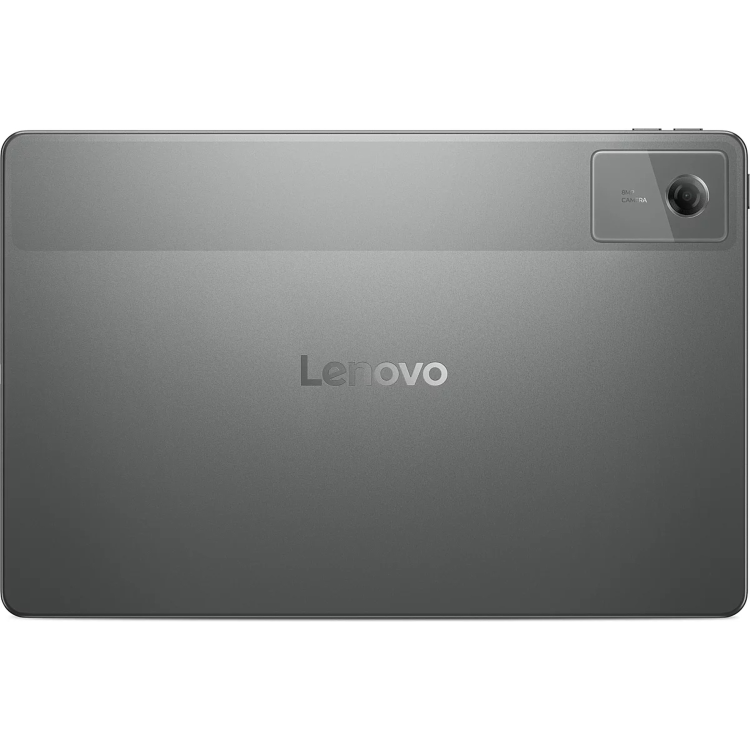 Dos gris d'une tablette Lenovo avec un appareil photo en haut à droite et le logo centré.