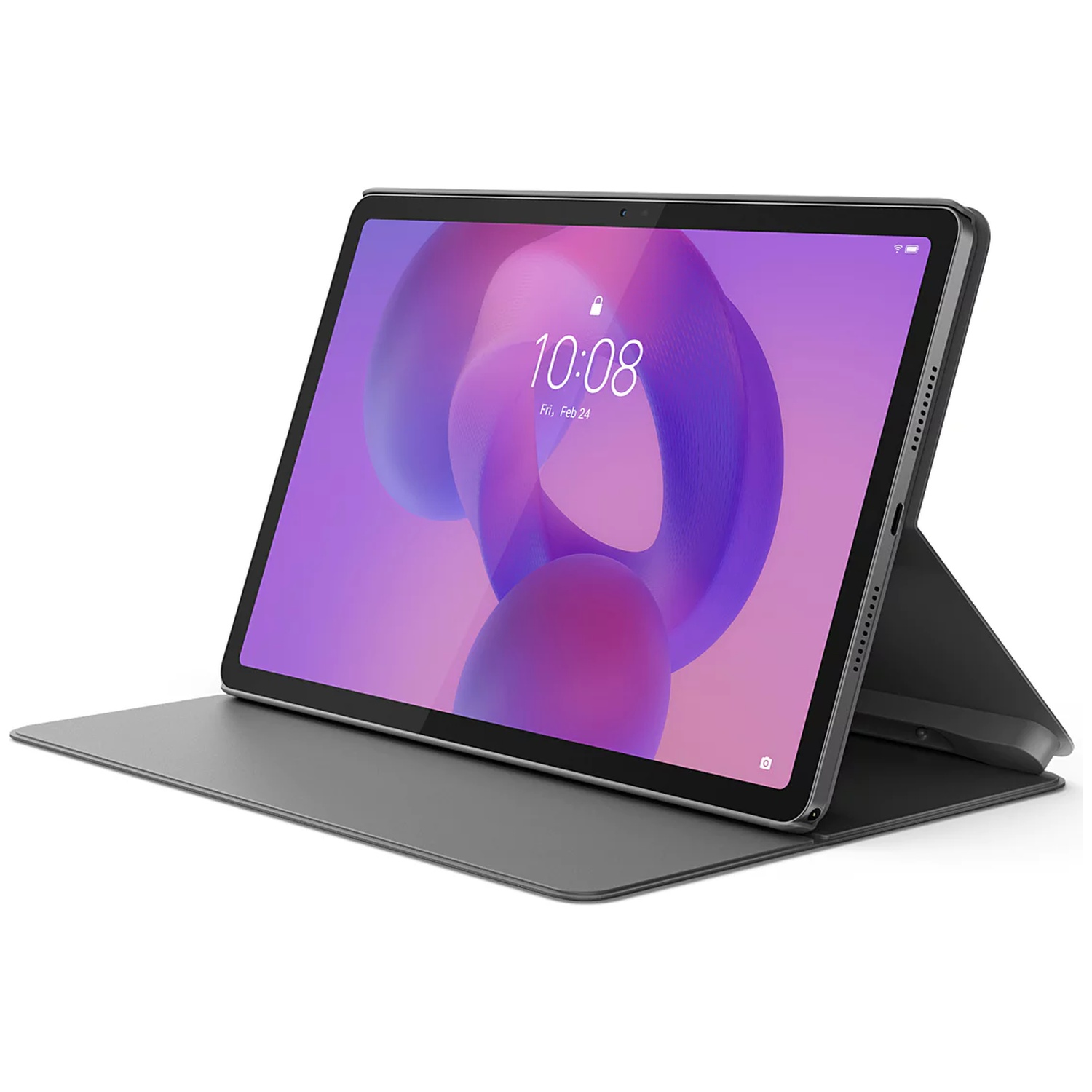 Une tablette grise avec fond violet abstrait est posée verticalement dans un étui de protection gris sur fond blanc.