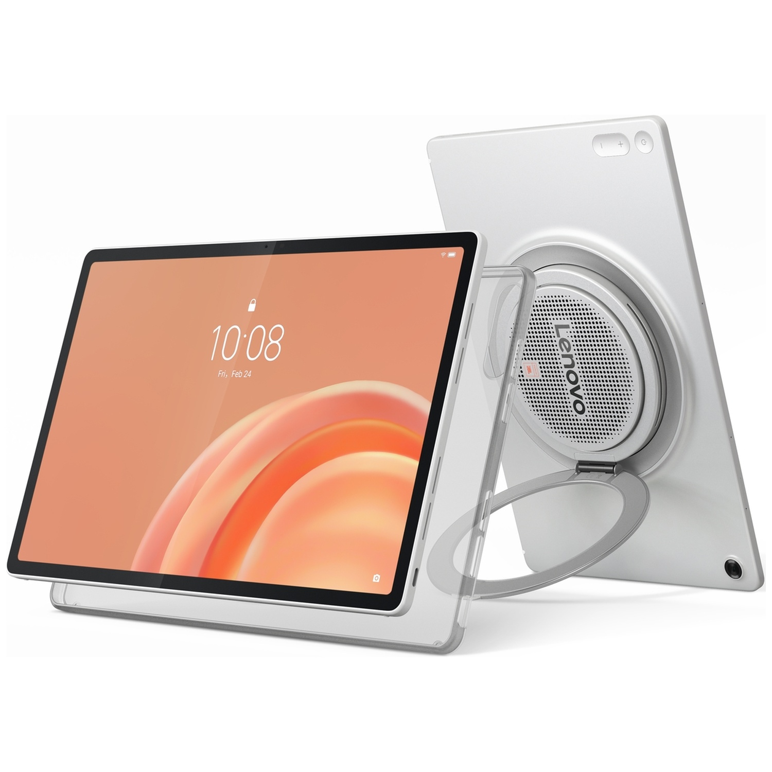 Deux tablettes Lenovo blanches, une face avant avec un écran lumineux et une autre avec haut-parleur intégré.